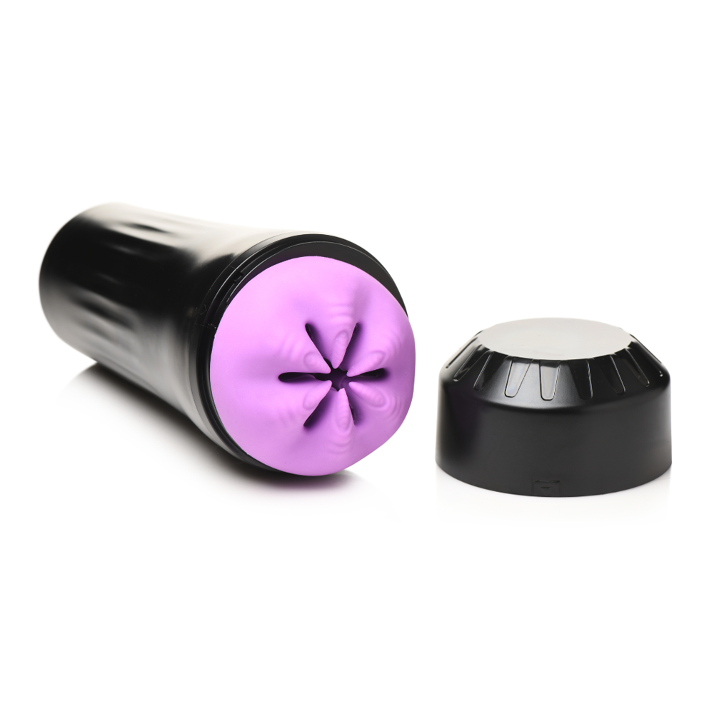 Black textured masturbator with a purple ribbed interior and a black cap.