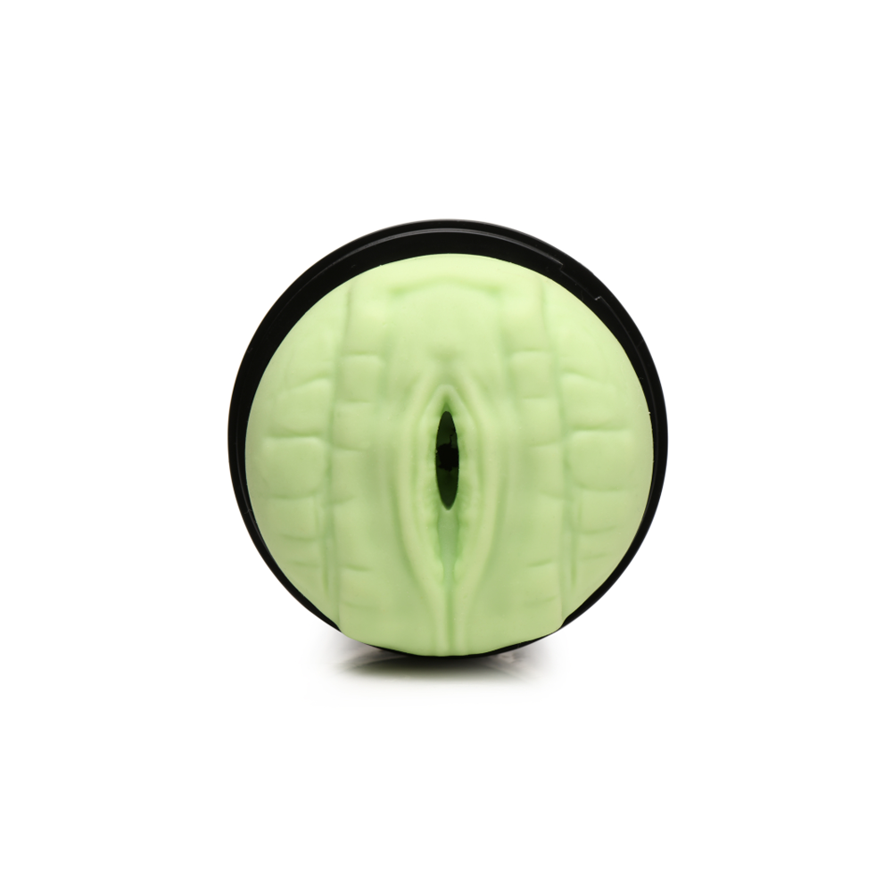 A green textured reptile-shaped masturbator with a black rim.