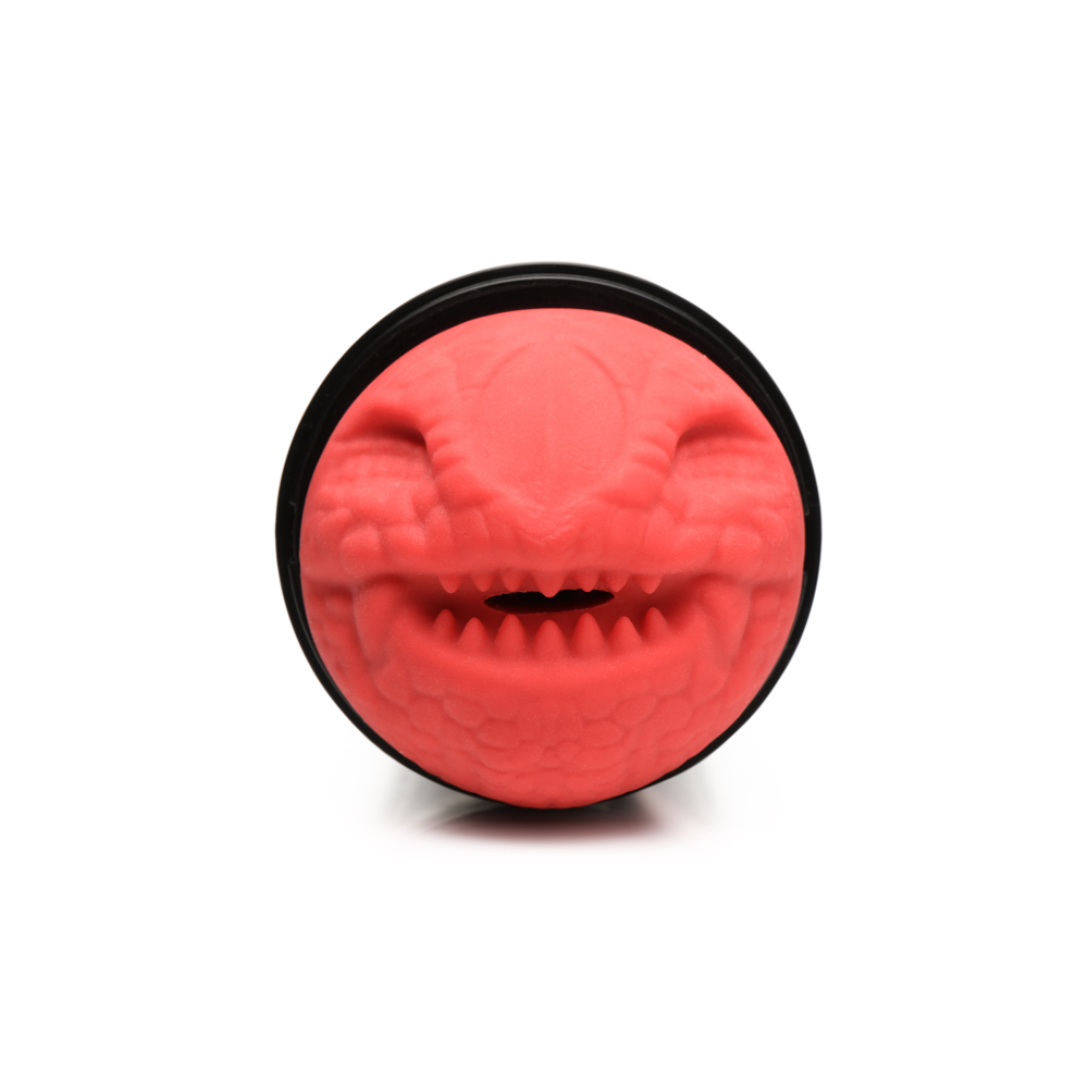 Red dragon-shaped masturbator with black rim and visible teeth.