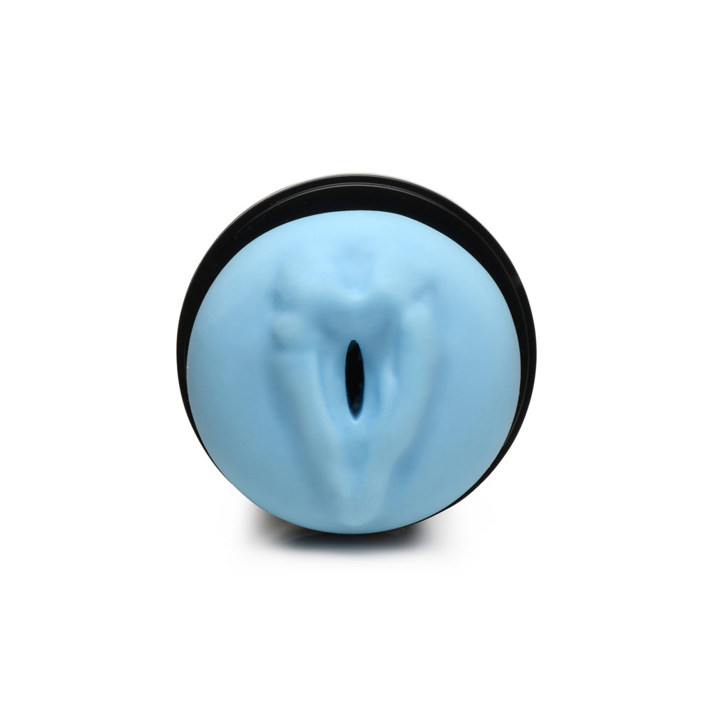 A blue textured masturbator with a black rim.