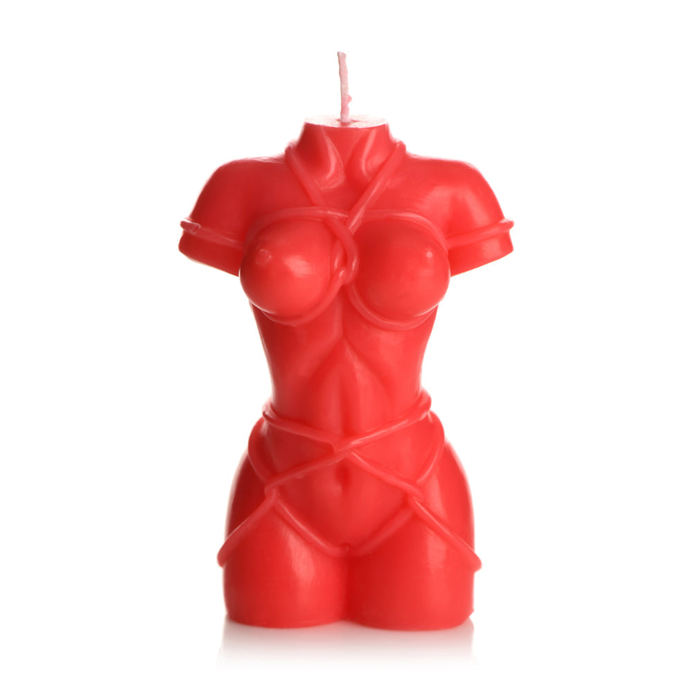Red female torso candle with rope detailing.