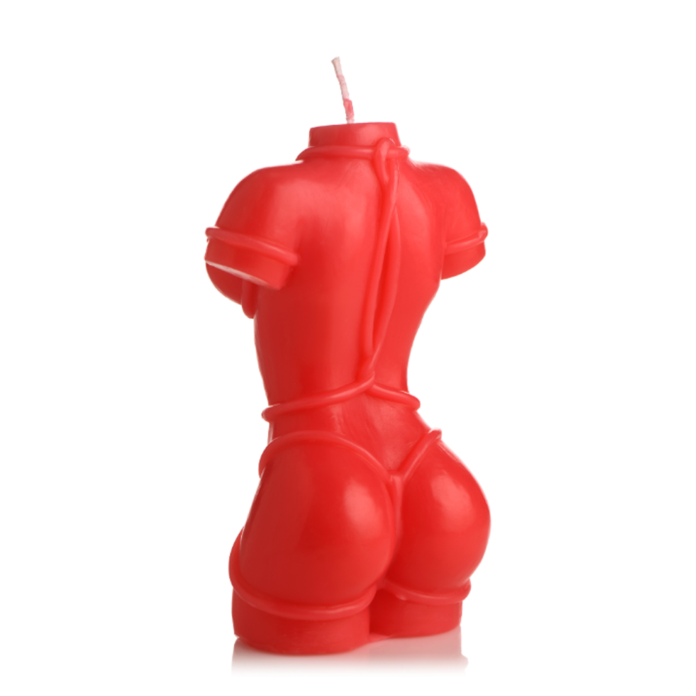 Red candle shaped like a bound female torso.