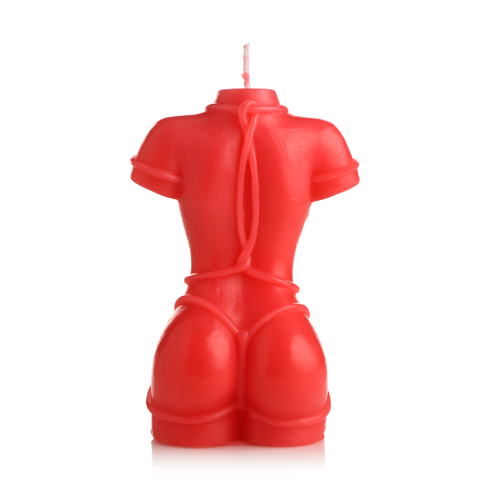 Red female torso candle with rope details.
