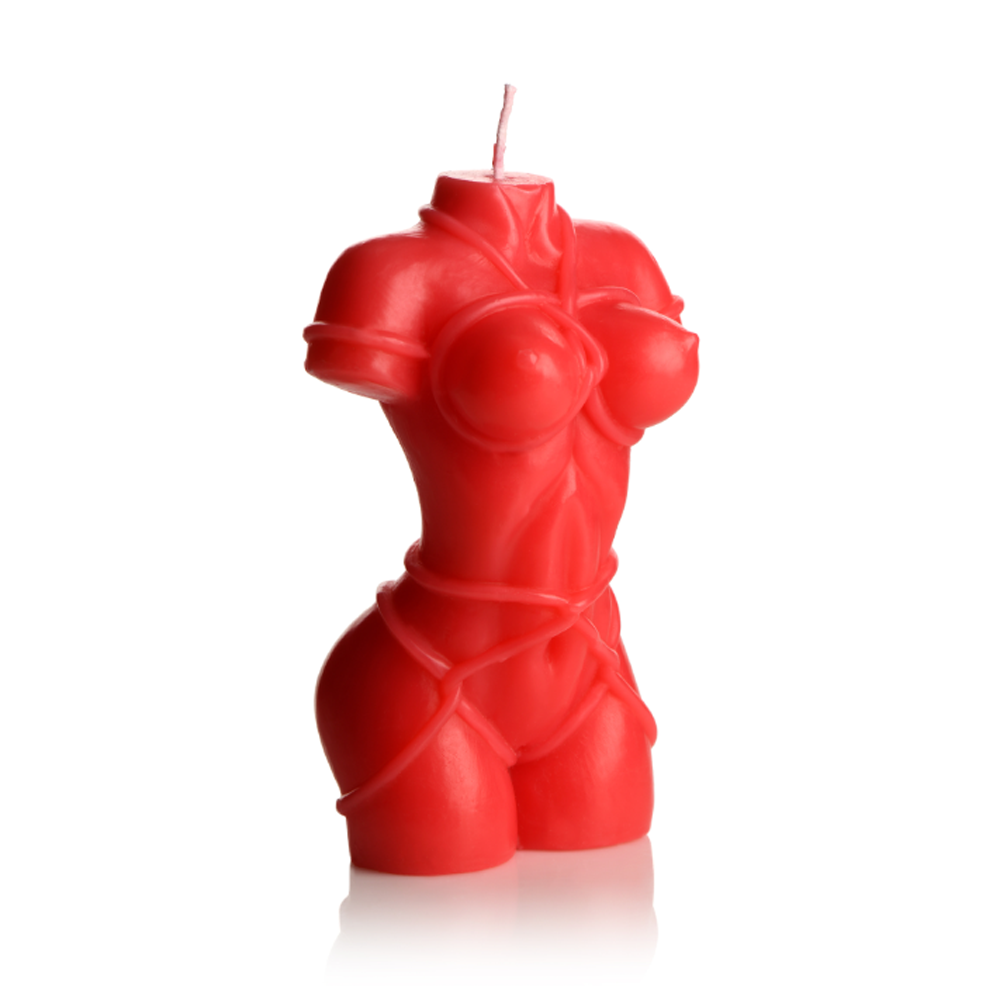 Red female torso candle with rope details.