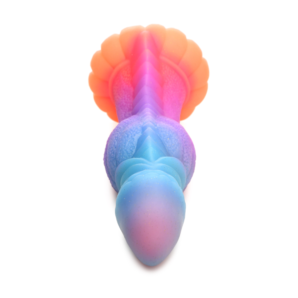 A rainbow-colored silicone dildo with a textured surface and suction cup base.