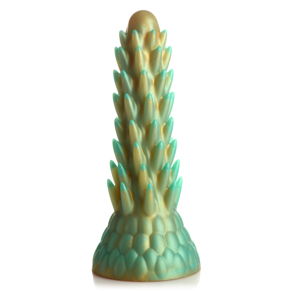 A textured silicone dildo with a spiky shaft and a scaled base.