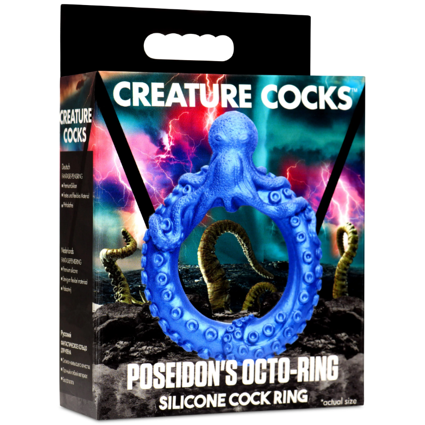 Blue octopus-shaped silicone cock ring on a product box.