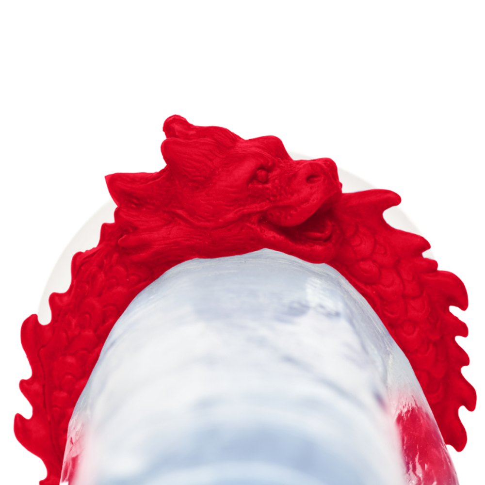 Red silicone cock ring with a dragon design.
