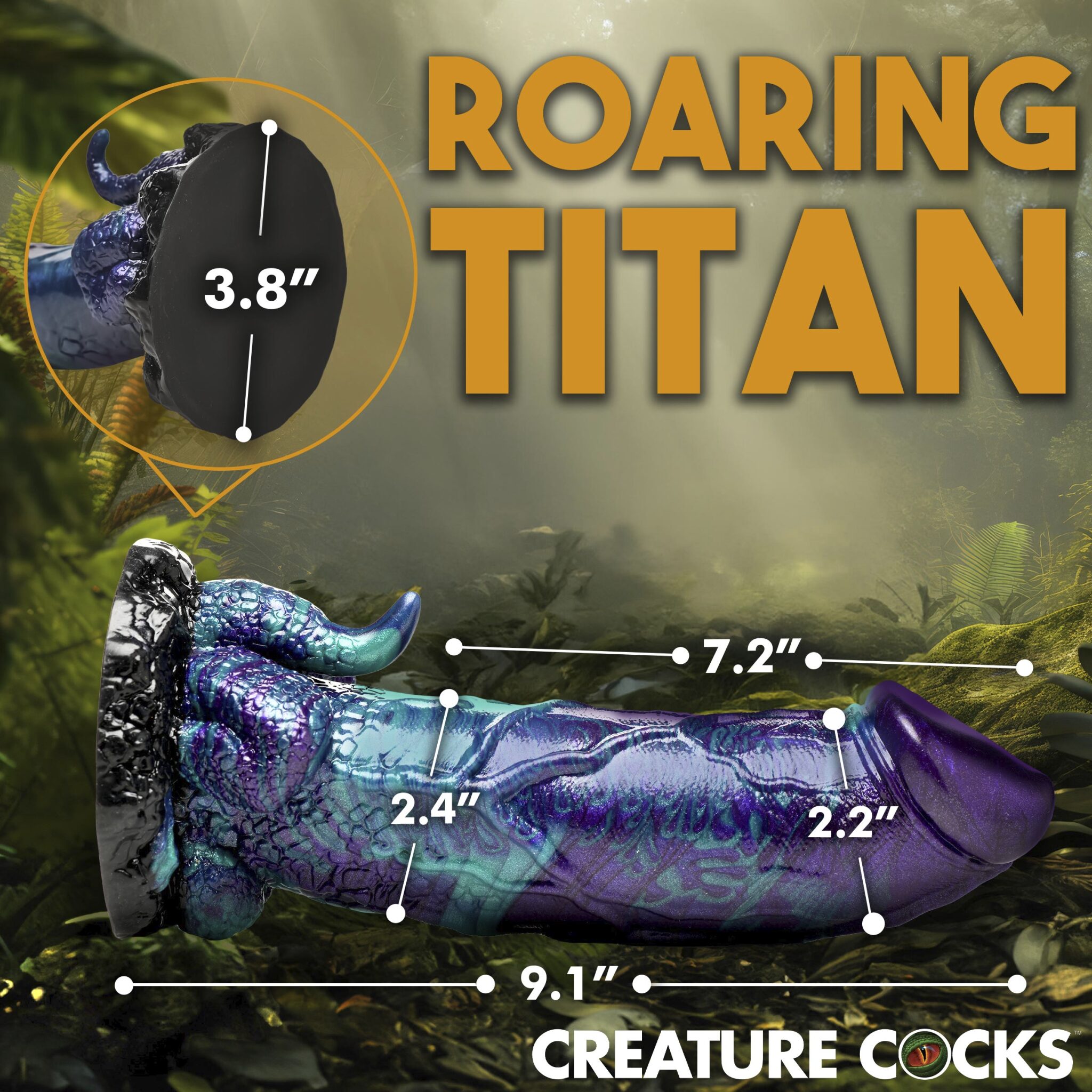 Dinosaur silicone dildo with suction base, 9.1 inches long.