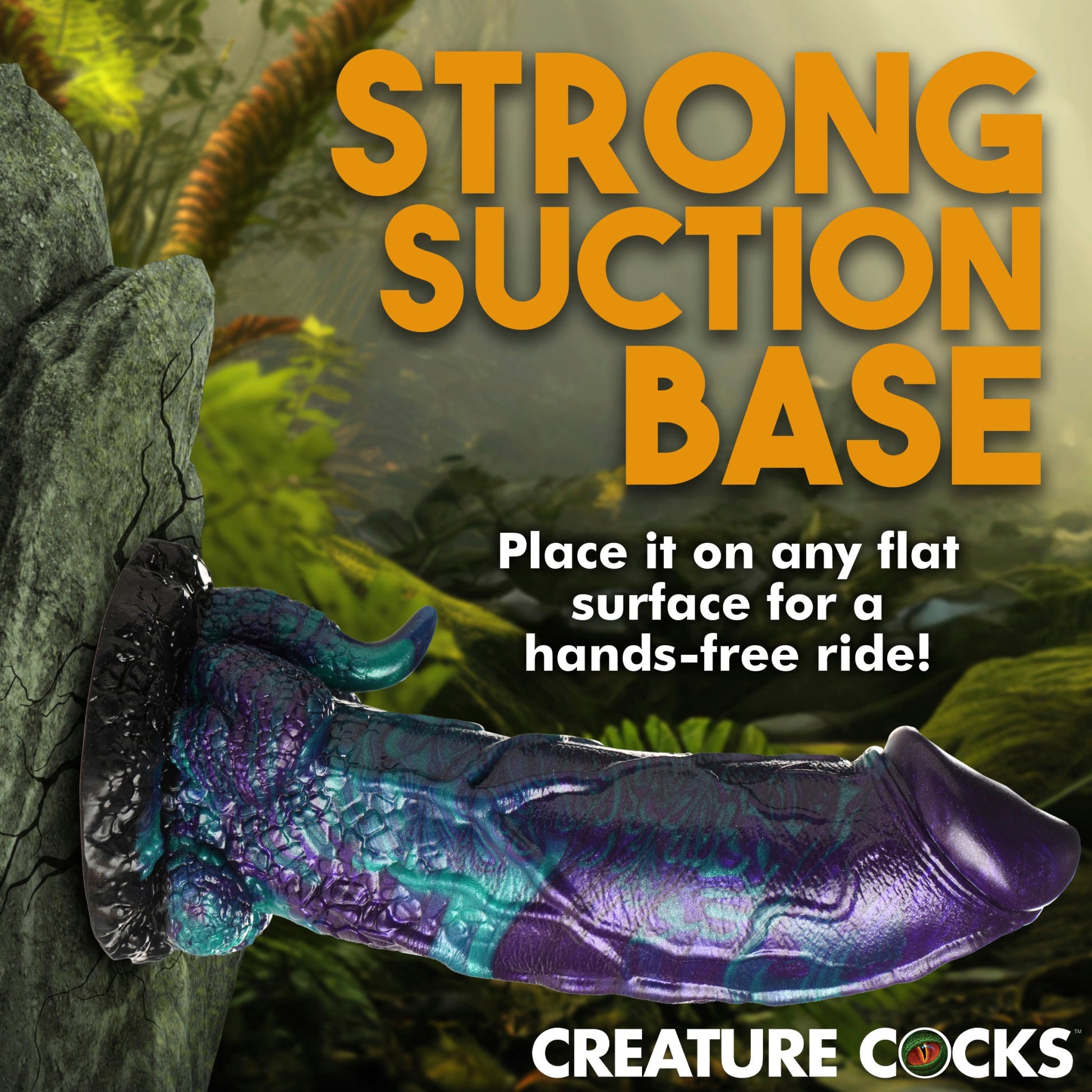 Dinosaur-shaped silicone dildo with a suction base in purple and teal.