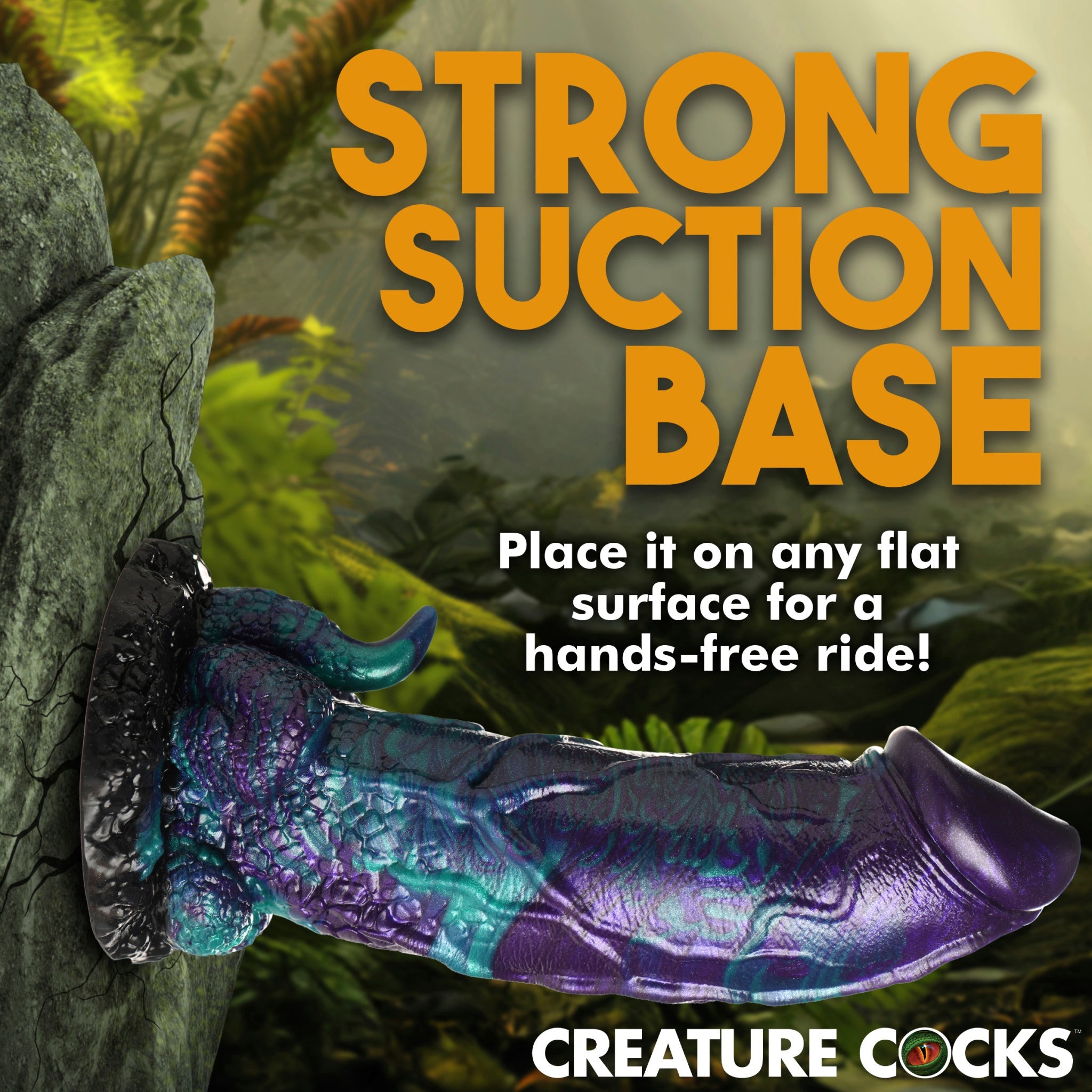 Dinosaur-shaped silicone dildo with a suction base in purple and teal.
