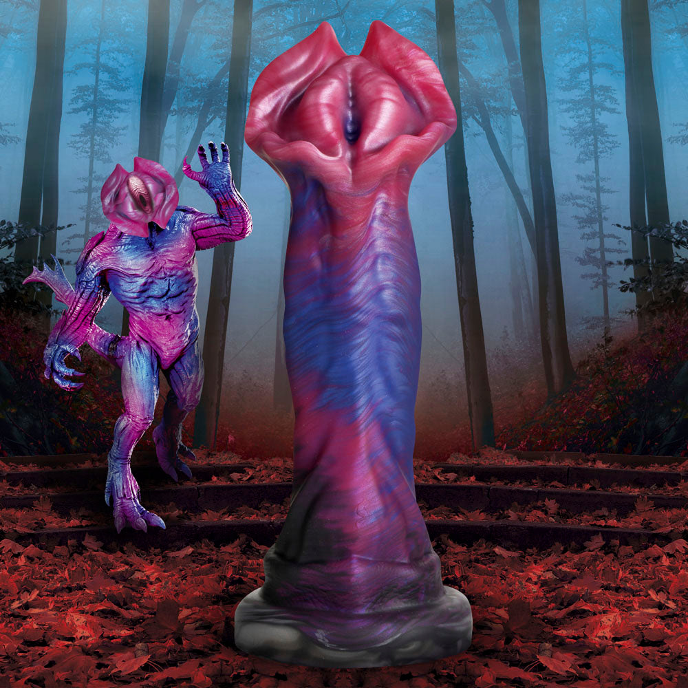 A pink and blue Demogorgon dildo with a flared head and suction cup base.