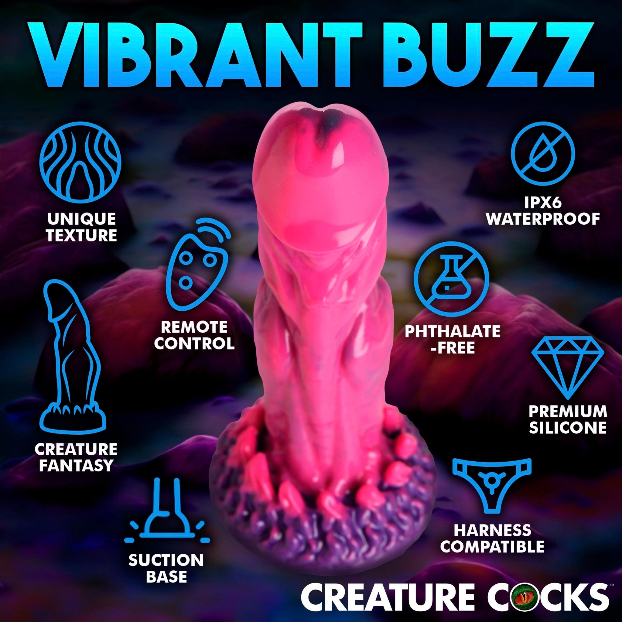 Pink silicone fantasy dildo with remote-controlled vibrations, suction base, and waterproof design.