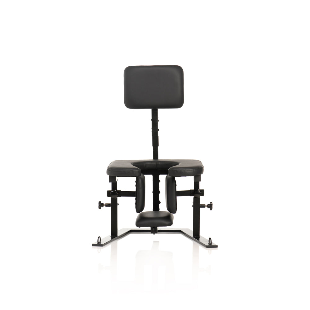 Black adjustable pleasure throne sex chair with headrest and footrest.