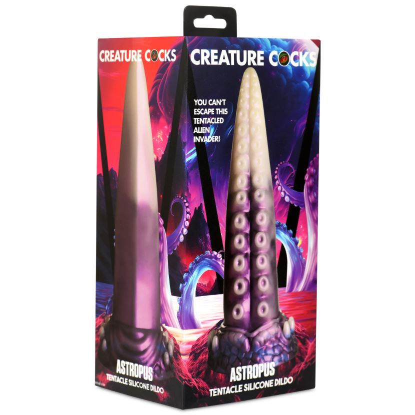 Astropus tentacle silicone dildo in dual colors with textured suckers.