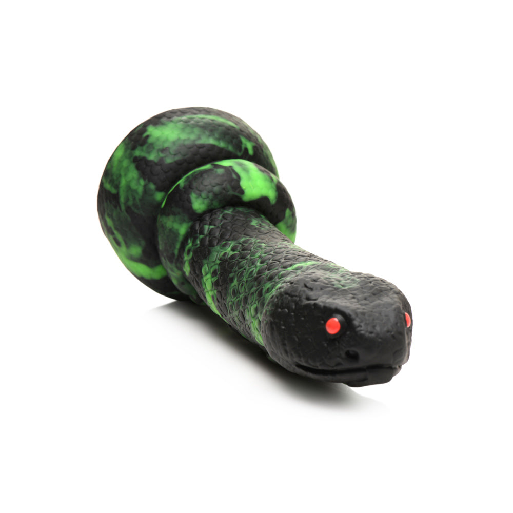 Black and green snake-shaped dildo with red eyes.