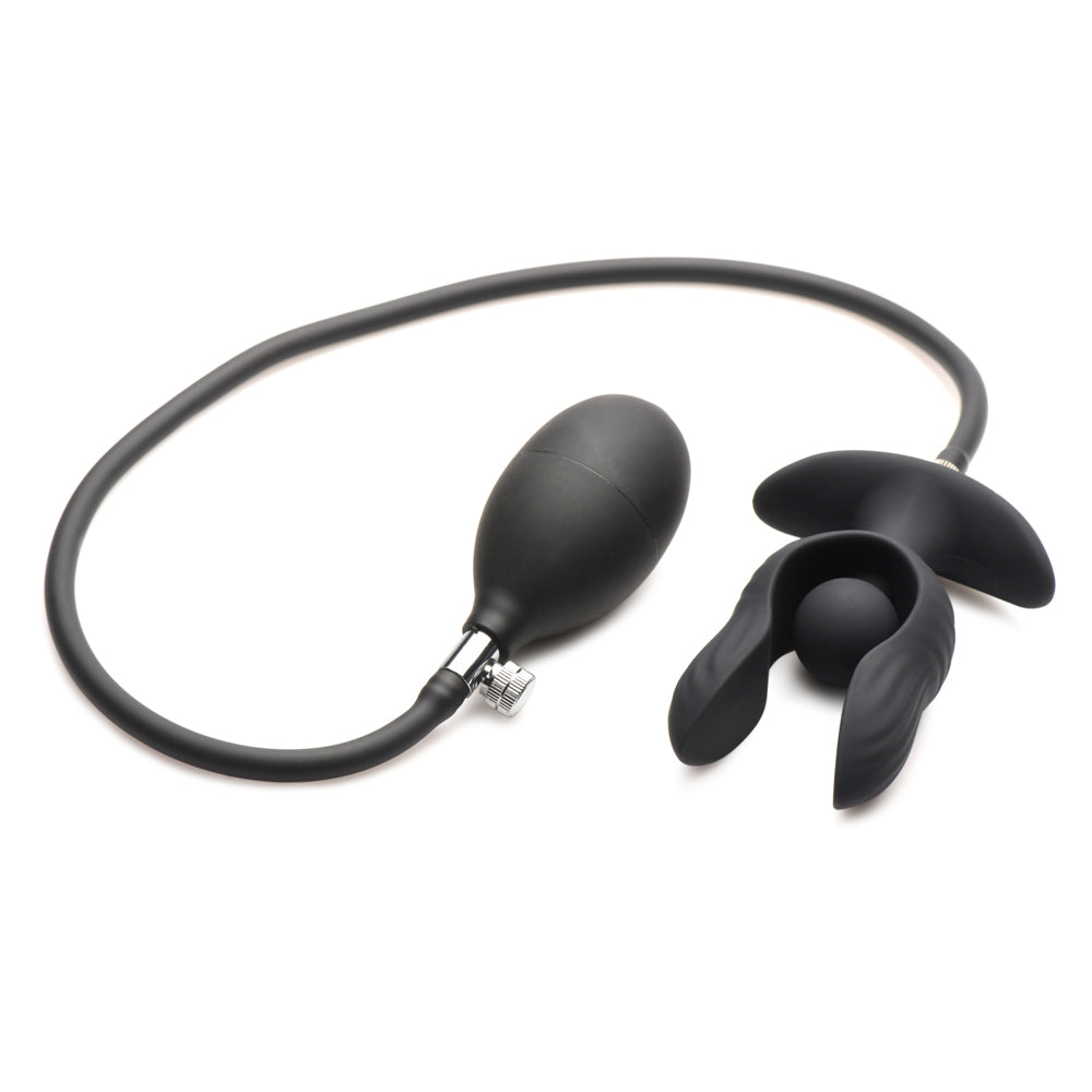 Black inflatable anal plug with a bulb pump and remote.