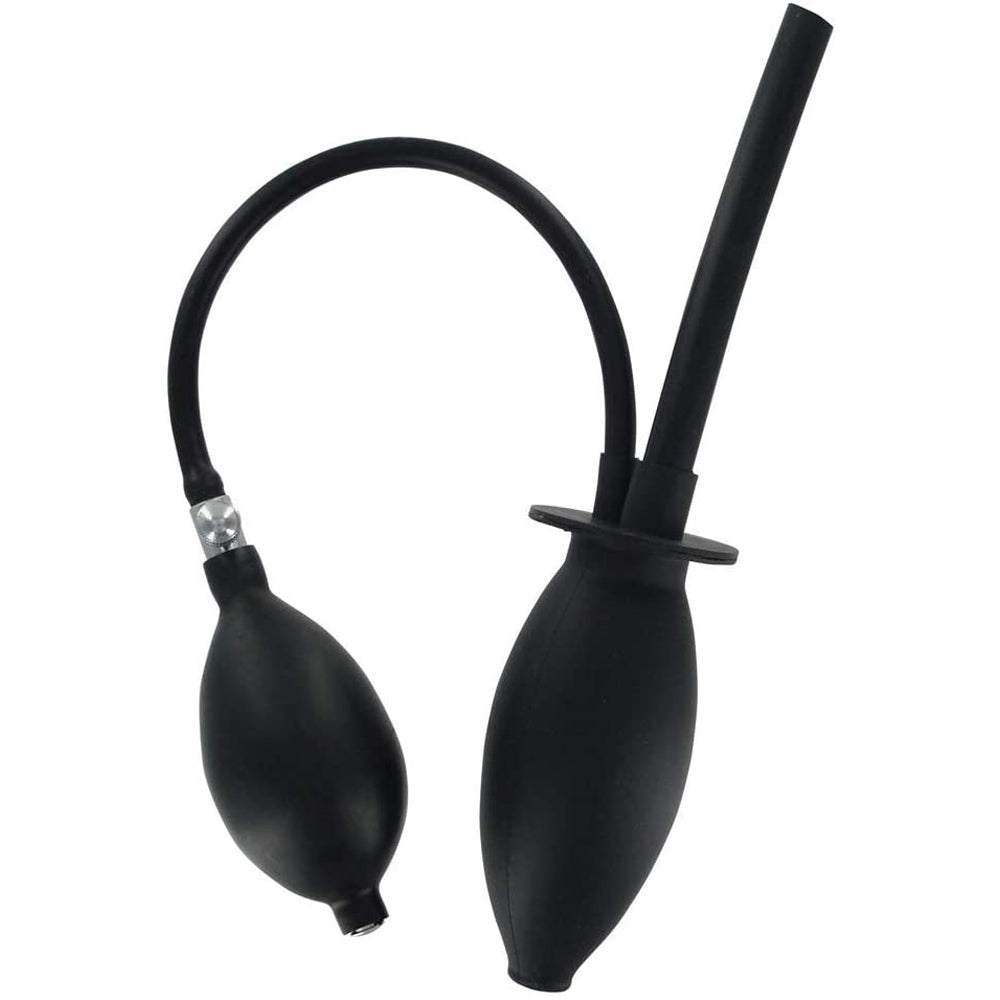 Black inflatable enema plug with a release valve and bulb.
