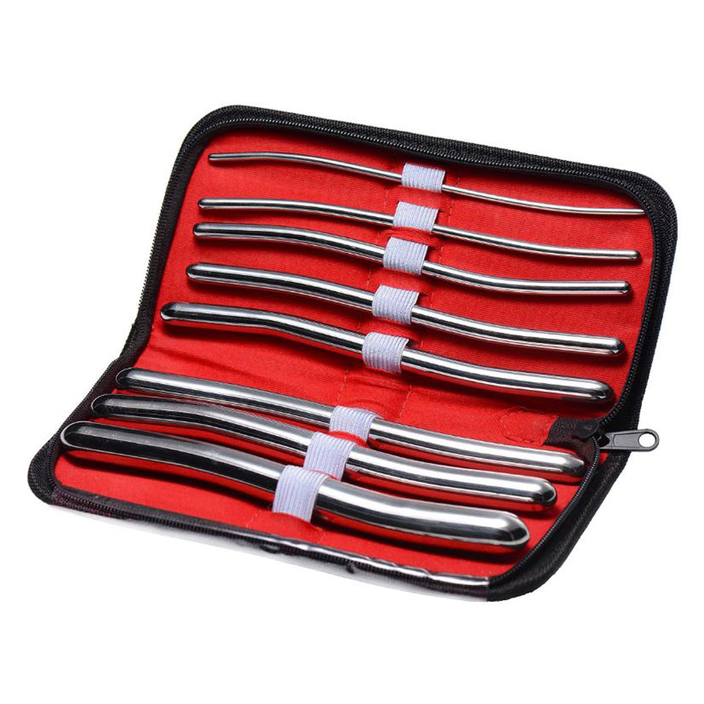 Set of 8 chrome brass Hegar urethral dilator sounds in a black case.