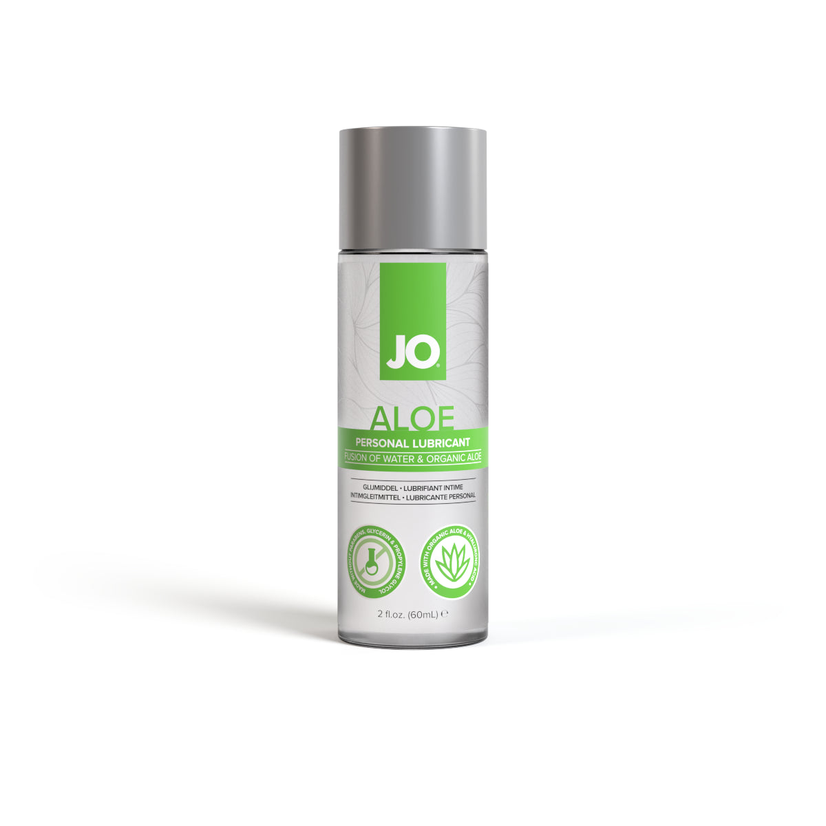 JO Aloe personal lubricant in a clear bottle with a silver cap.