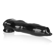 A black, stretchy cock sheath with a textured base and a tapered end.