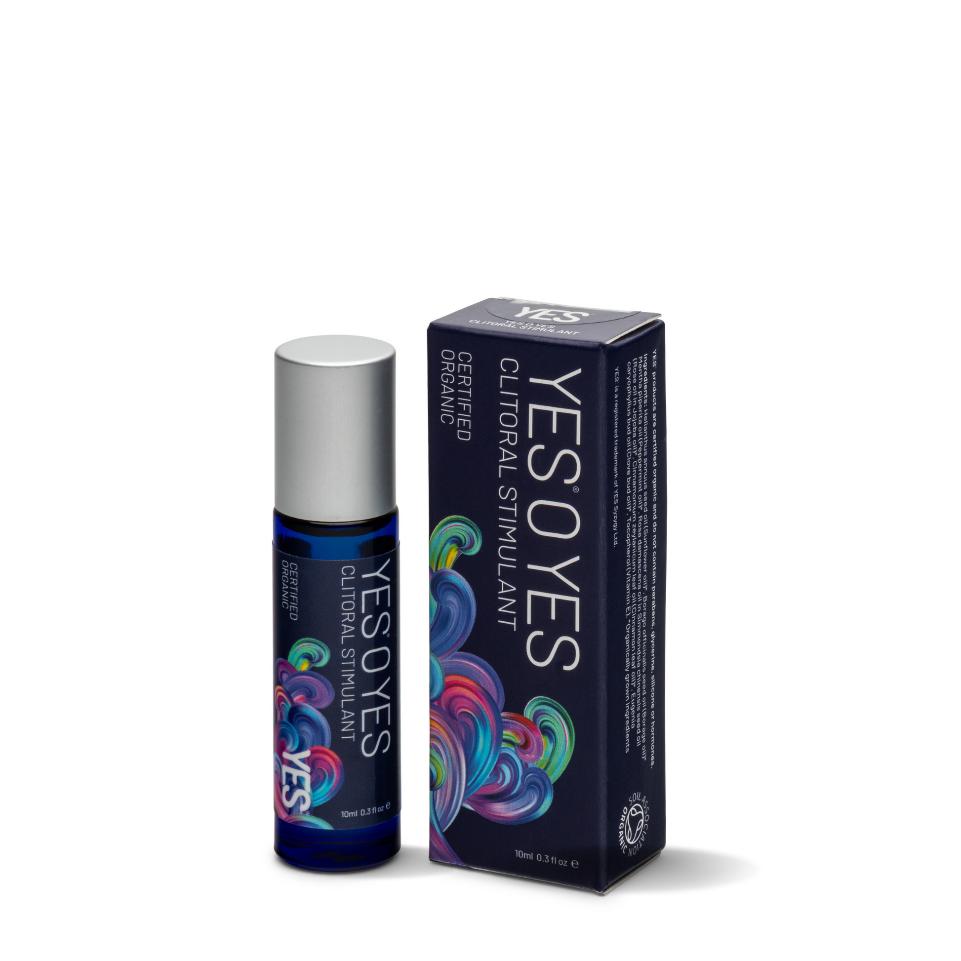 Organic clitoral stimulant oil in a blue rollerball bottle next to its box.