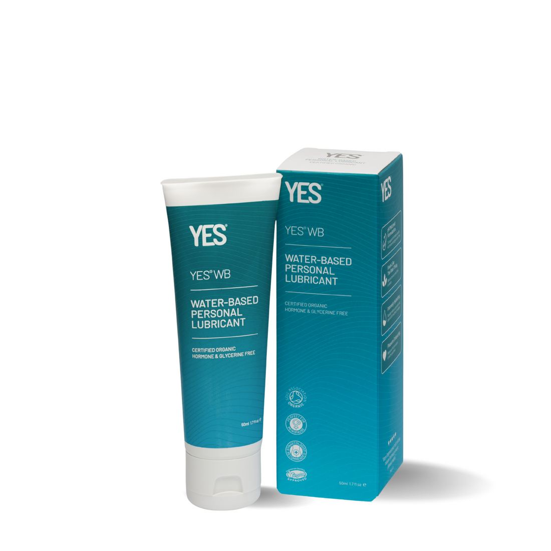A tube and box of YES WB water-based organic personal lubricant.