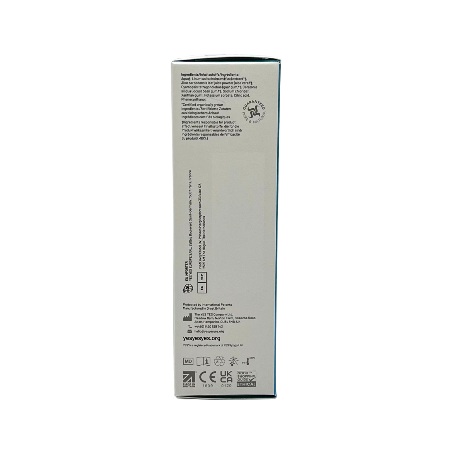 YES Water Based Organic Lubricant 50ml bottle with ingredient list and certifications.