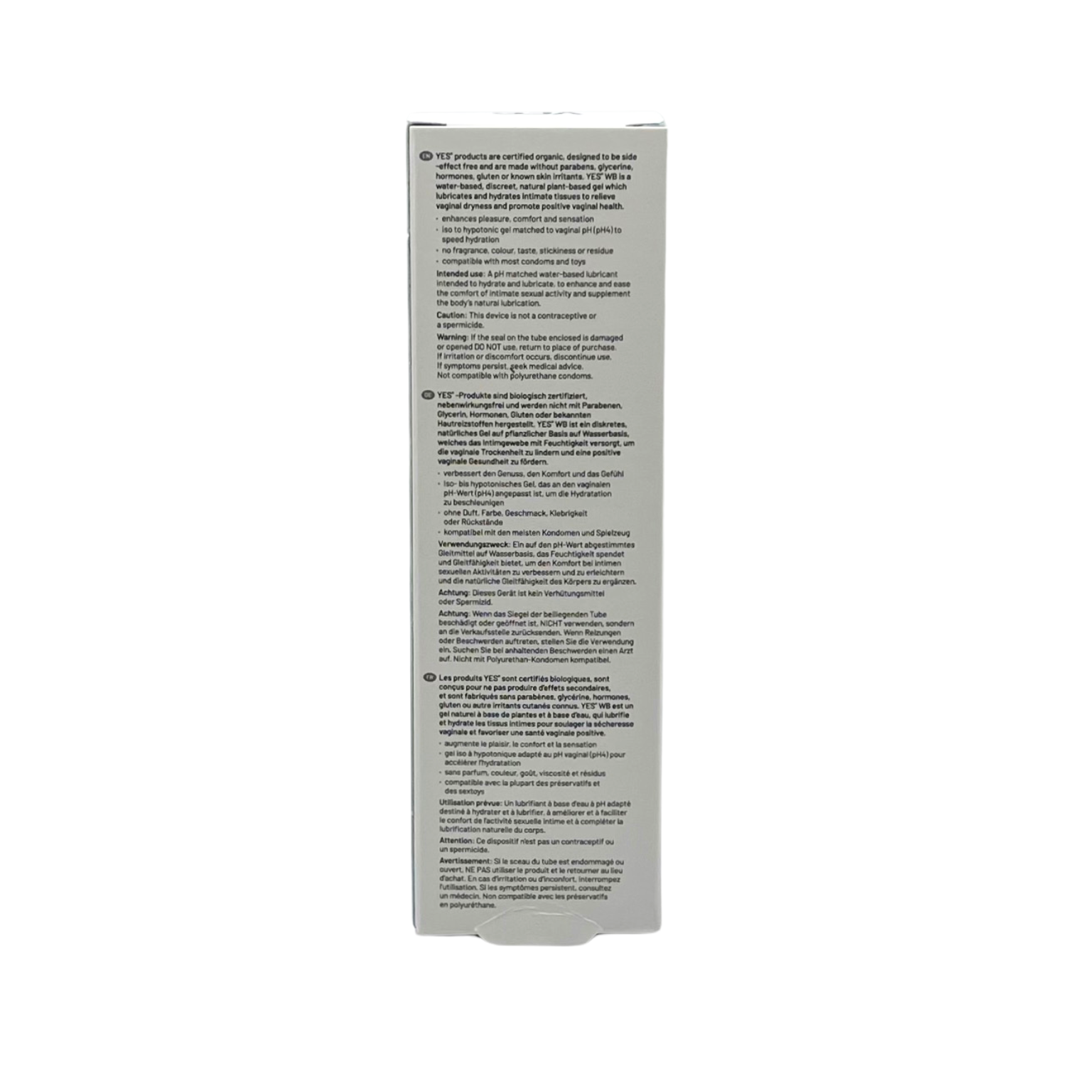 YES Water Based Organic Lubricant bottle with product information in English, German, and French.