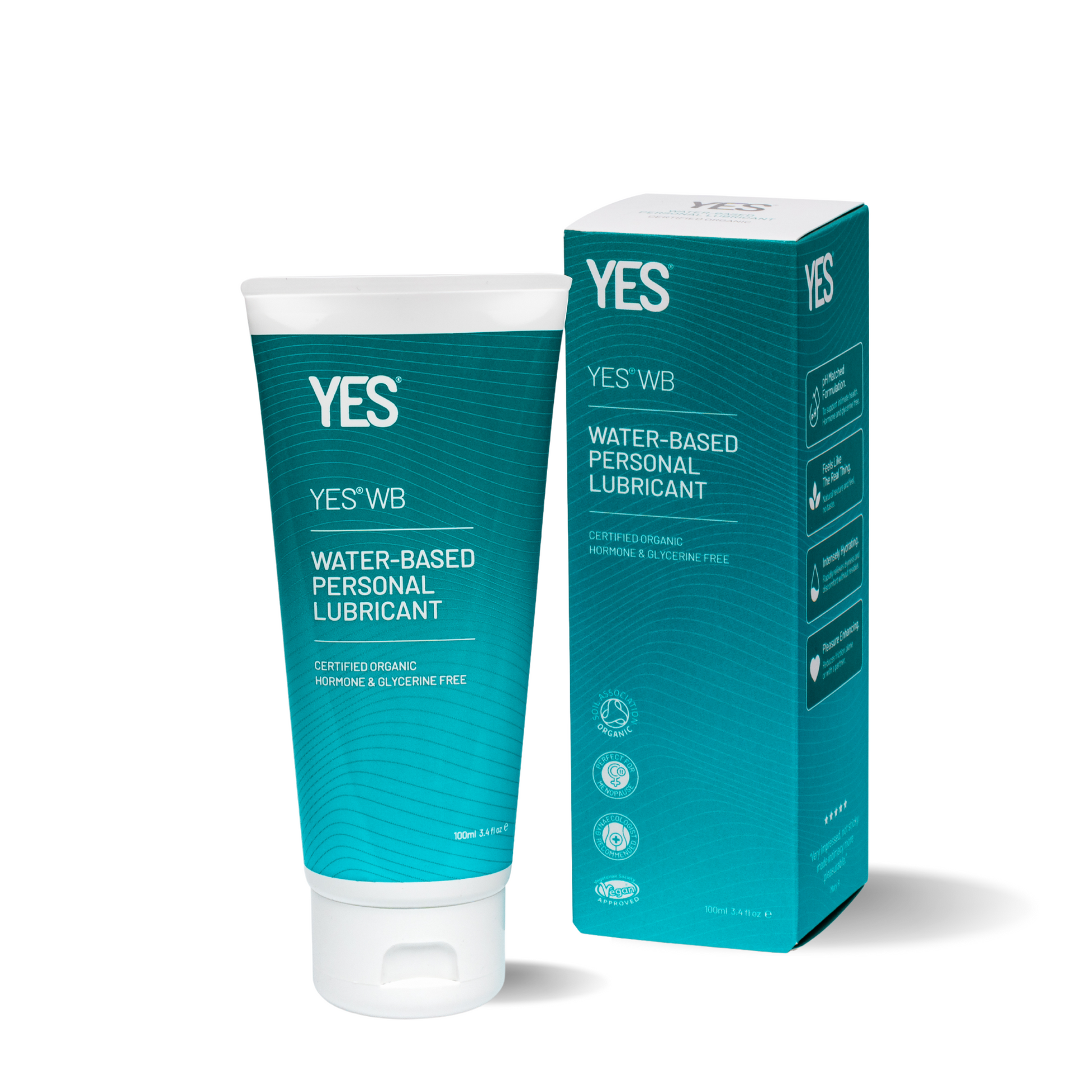 YES WB water-based organic lubricant in a teal tube and box.