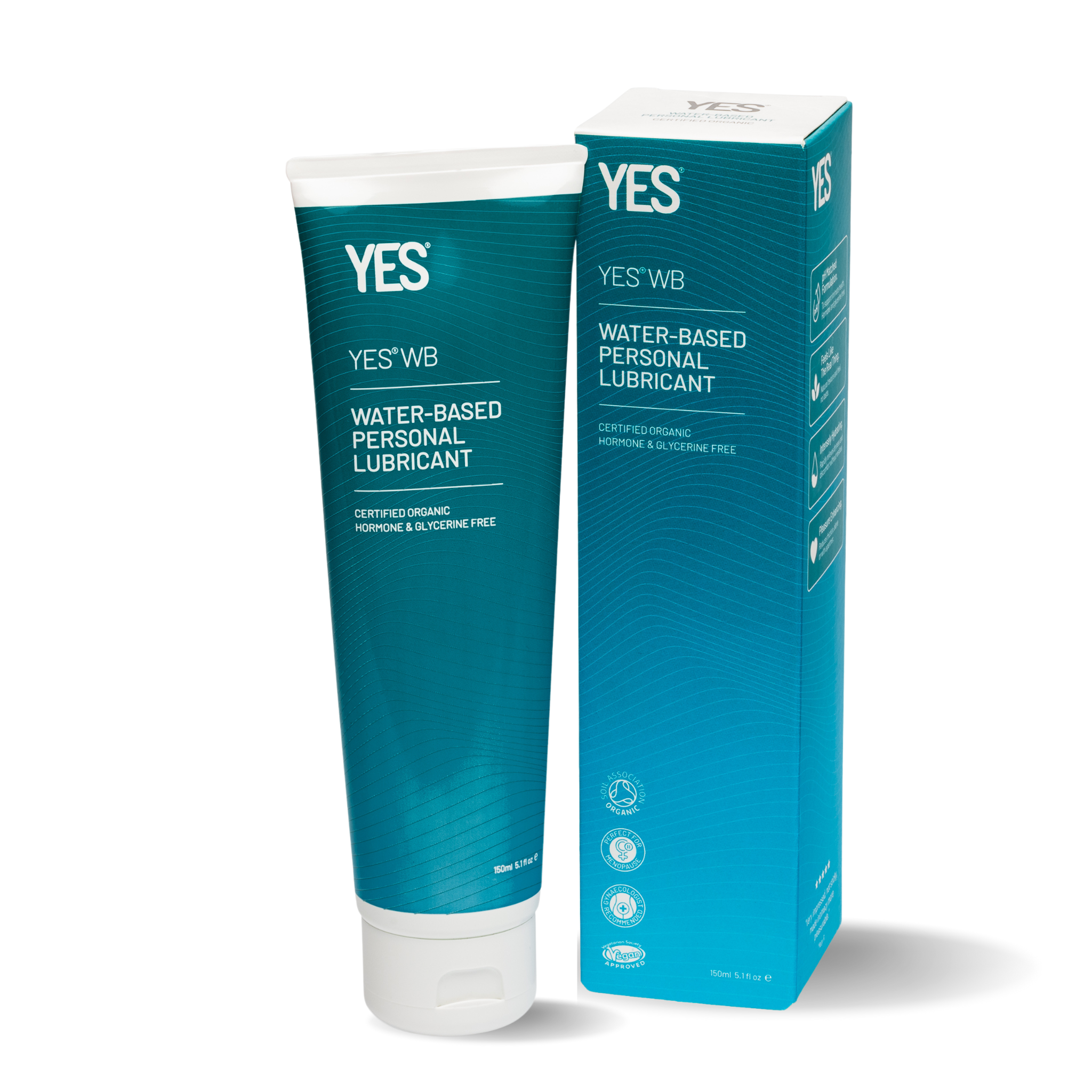A teal tube and box of YES WB water-based personal lubricant.