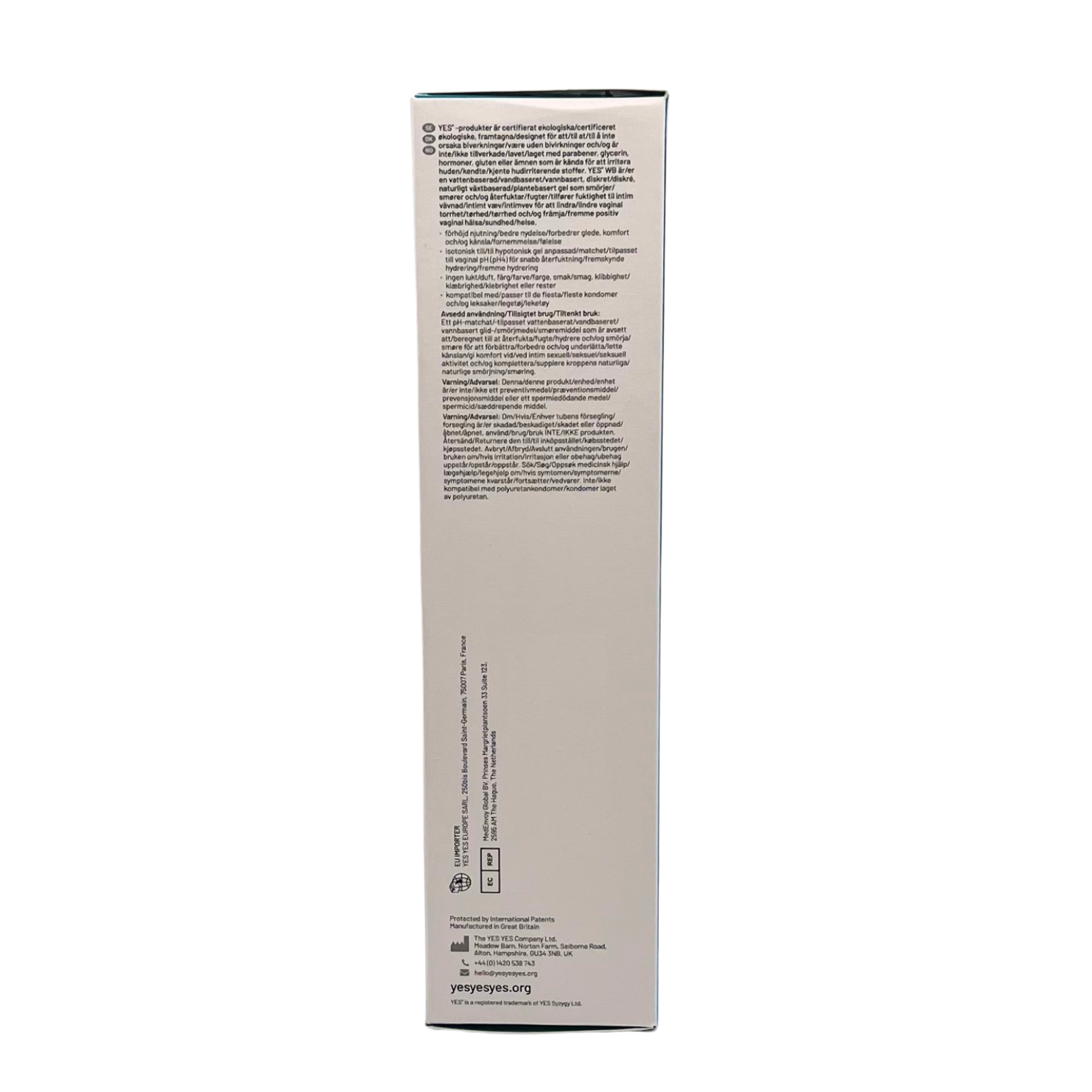 YES Water Based Organic Lubricant bottle with text and logos.
