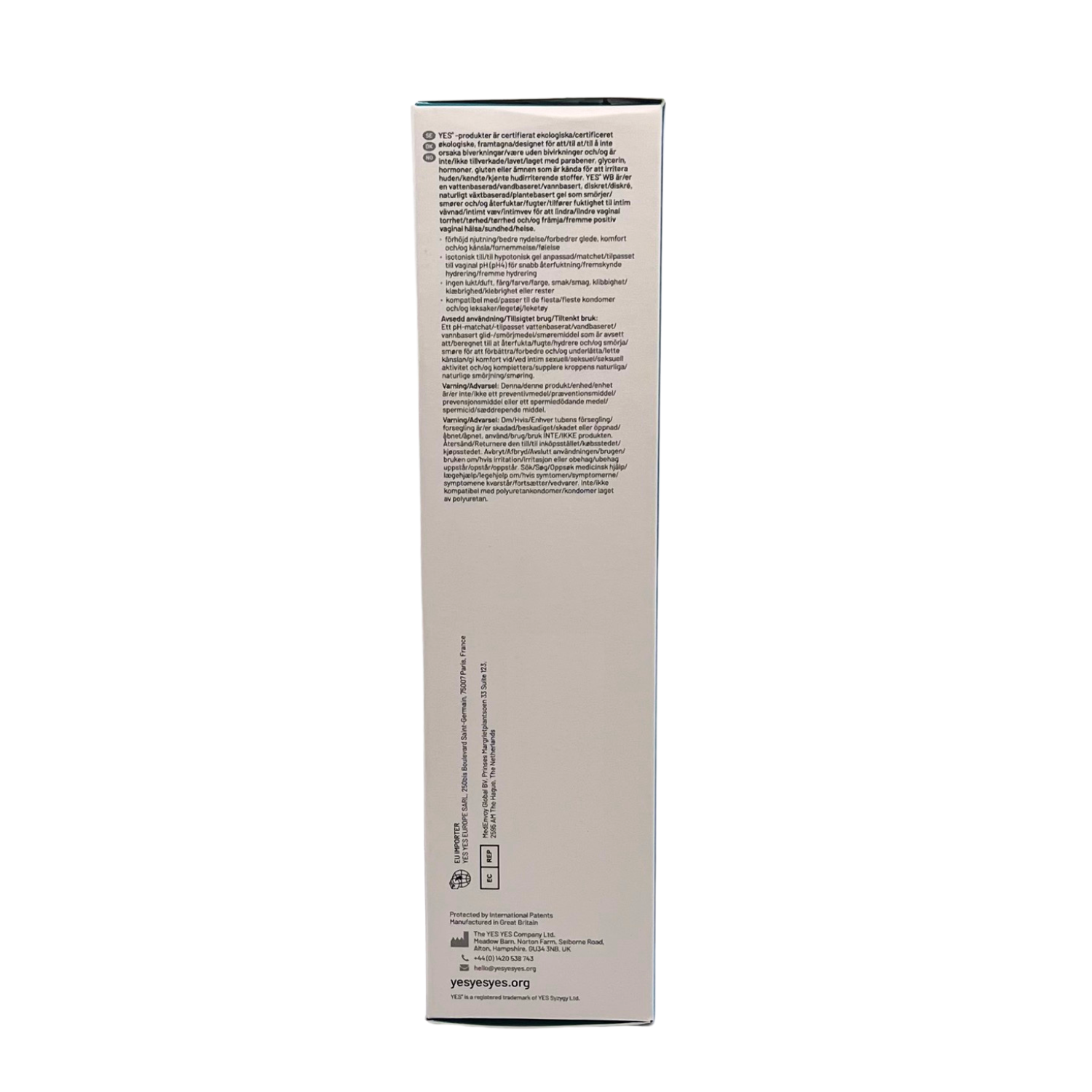 YES Water Based Organic Lubricant bottle with product information.