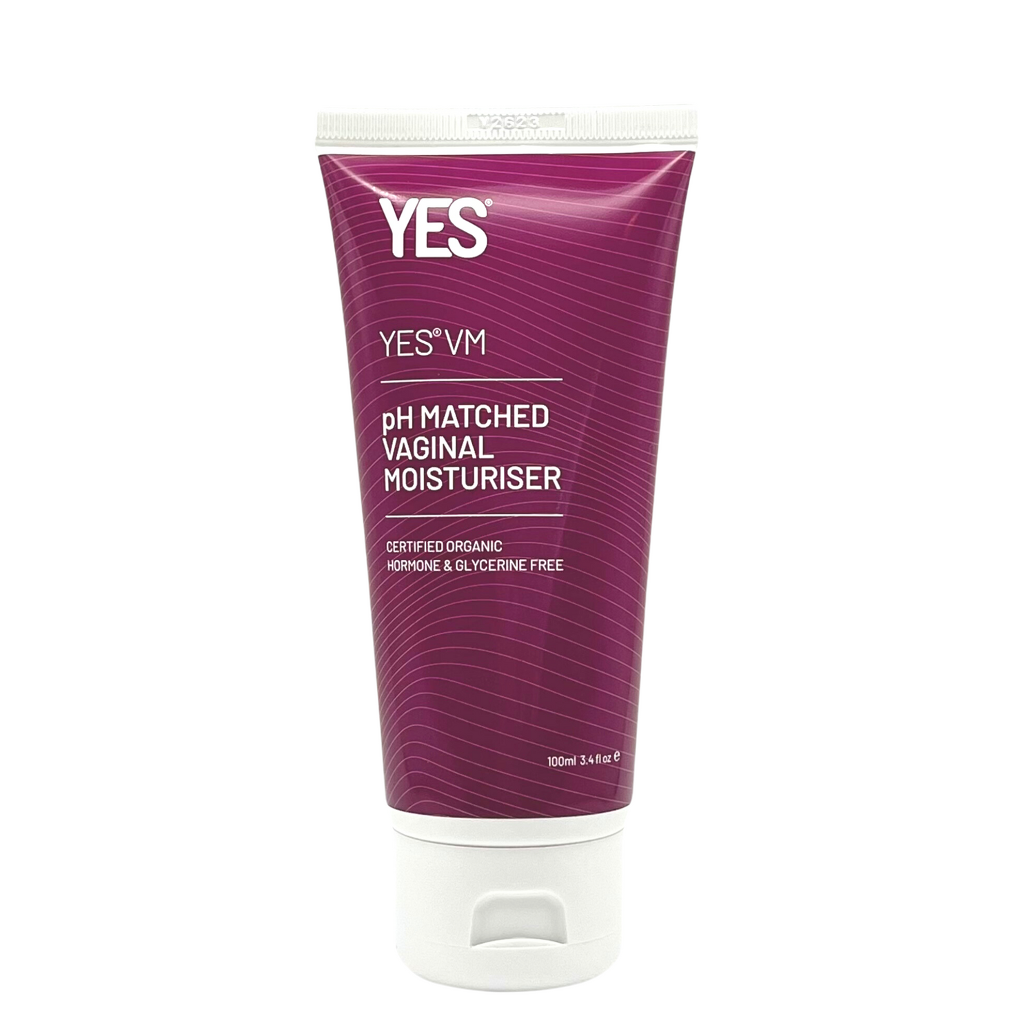 A tube of YES VM vaginal moisturizer with a purple wave pattern.