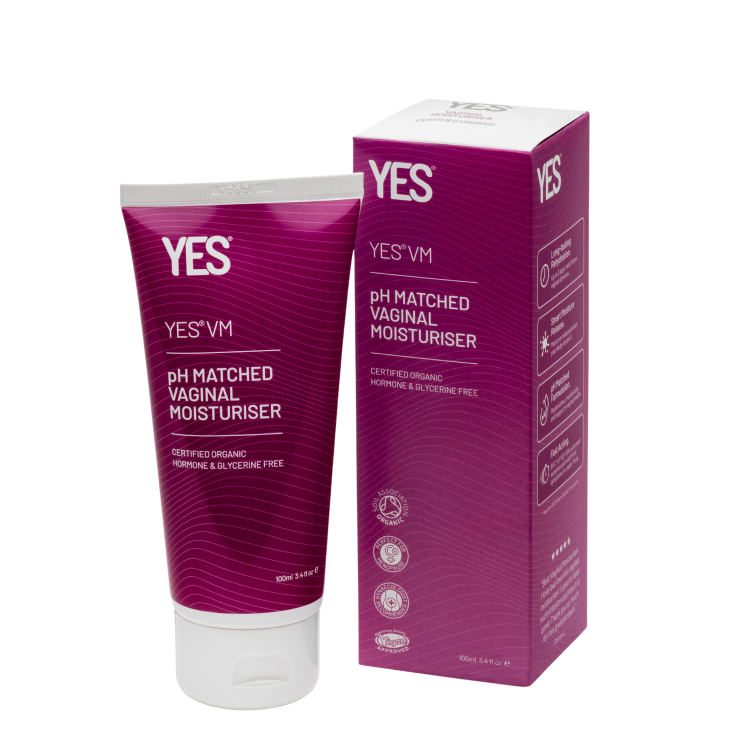 YES VM organic vaginal moisturizer in a purple tube and box.