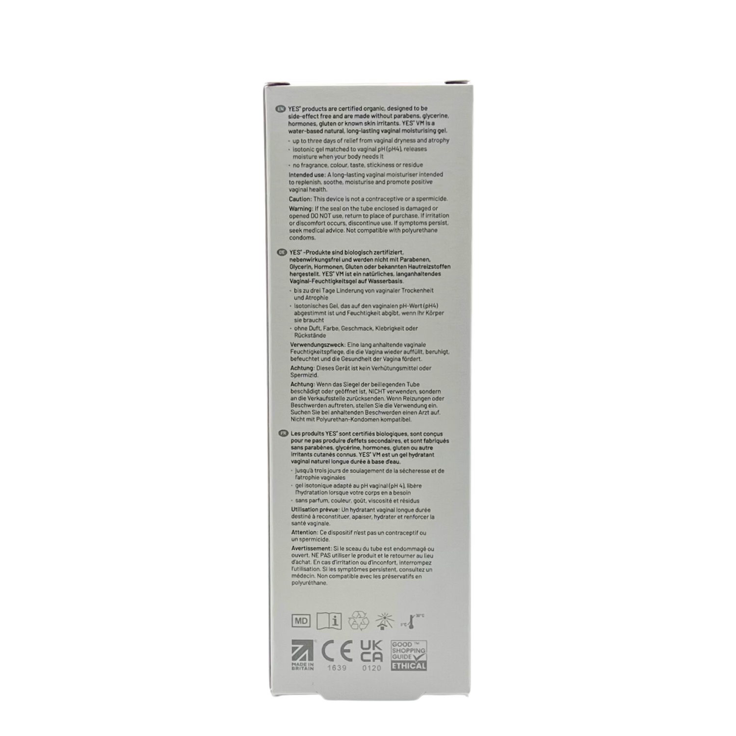 Organic vaginal moisturizer gel in a box with product information.
