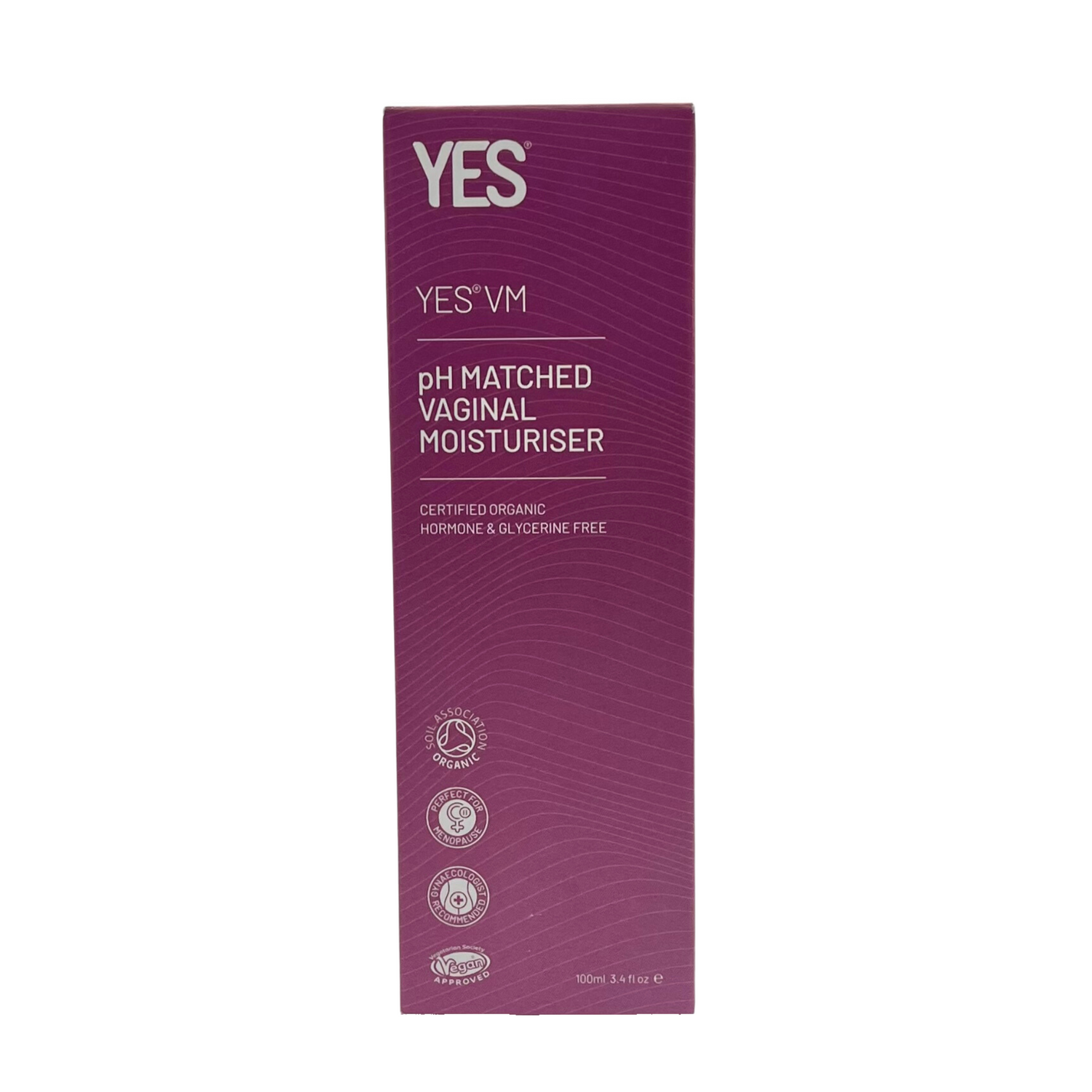 YES VM pH matched vaginal moisturiser in a purple box with organic certifications.