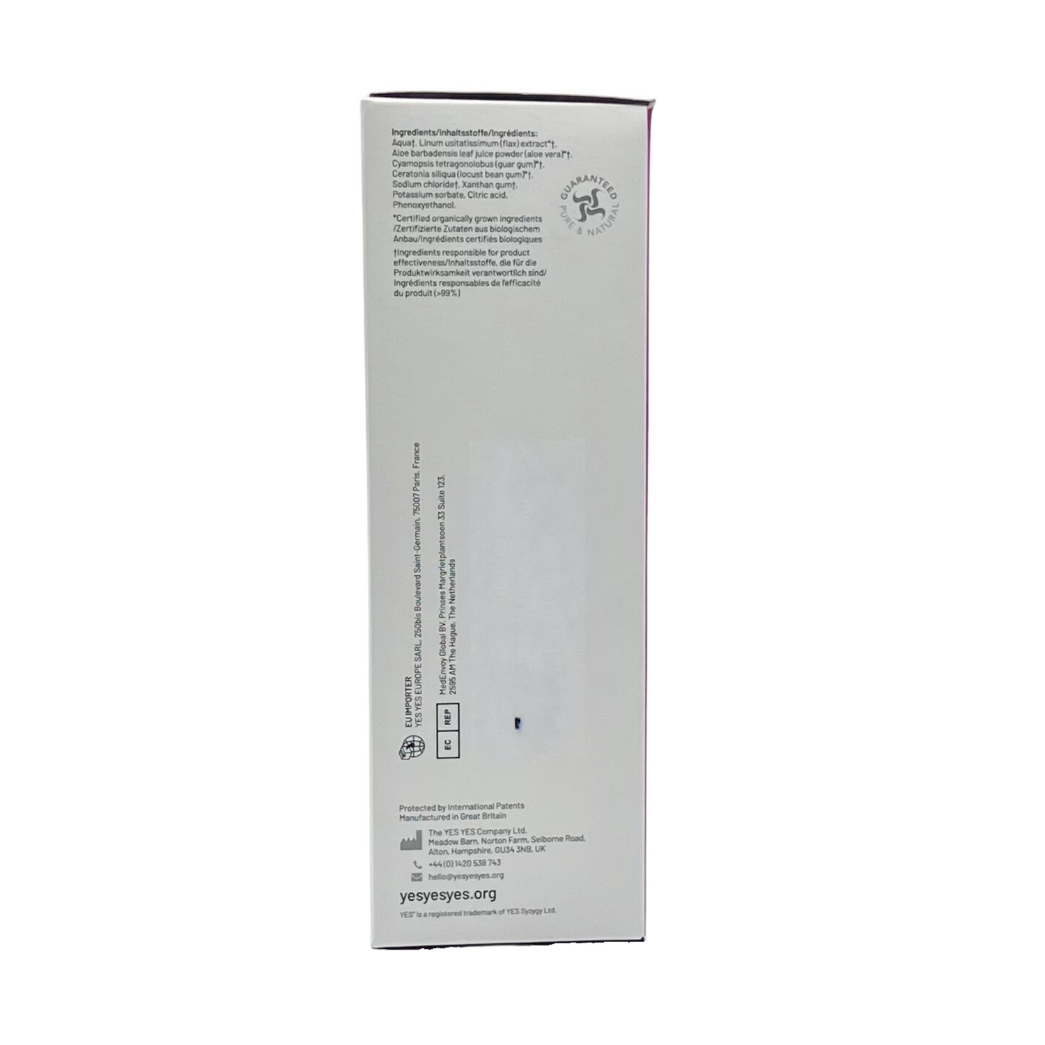Organic vaginal moisturizer with ingredients list and EU importer information.