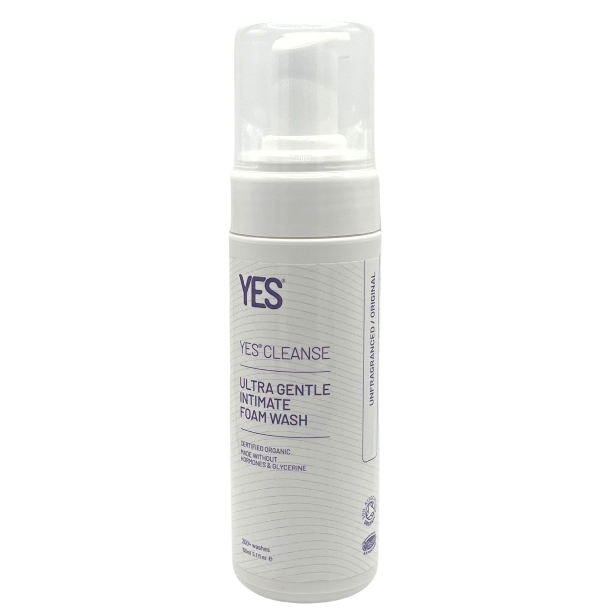 A white bottle of YES Ultra Gentle Intimate Foam Wash with a clear pump dispenser.