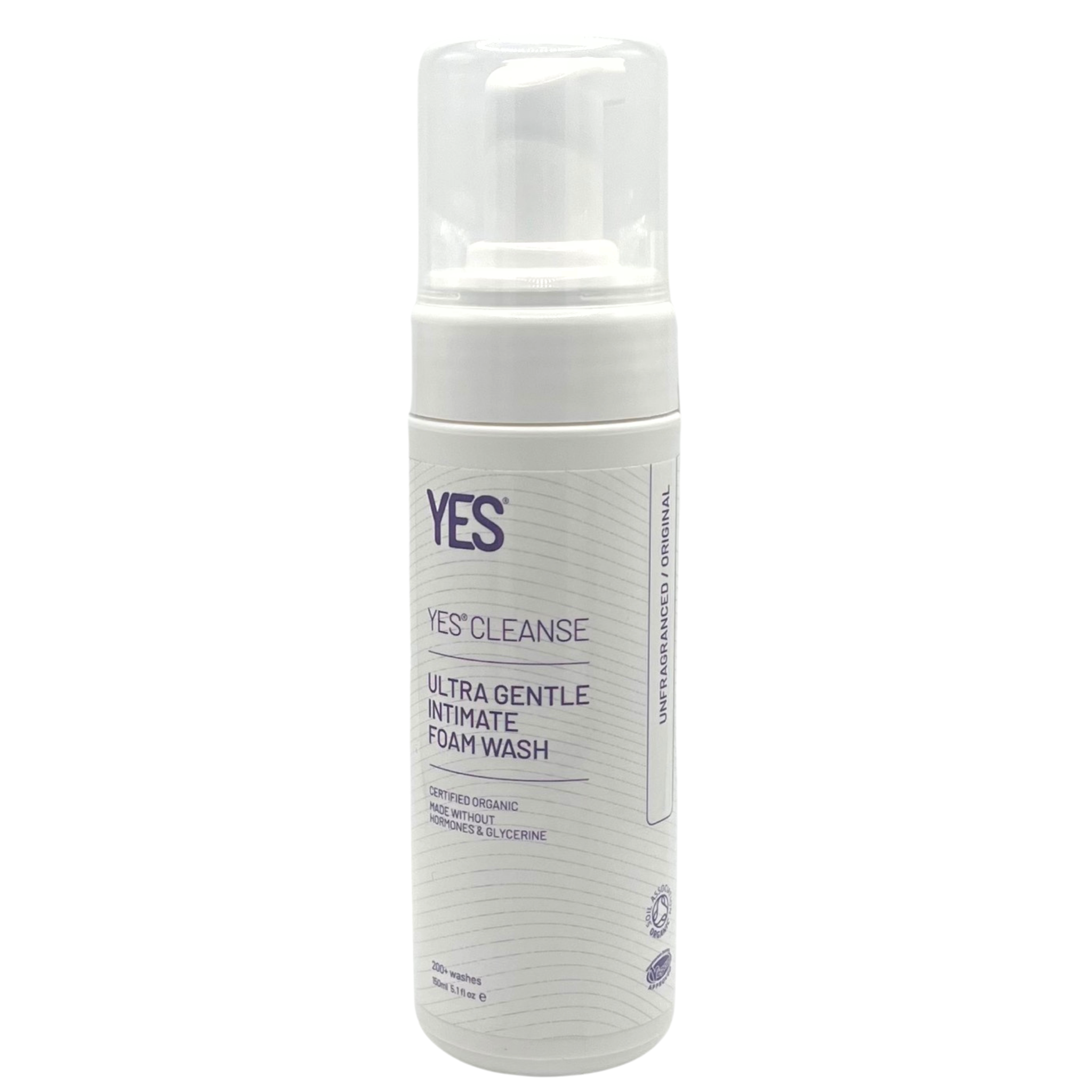 A white bottle of YES Ultra Gentle Intimate Foam Wash with a clear pump dispenser.