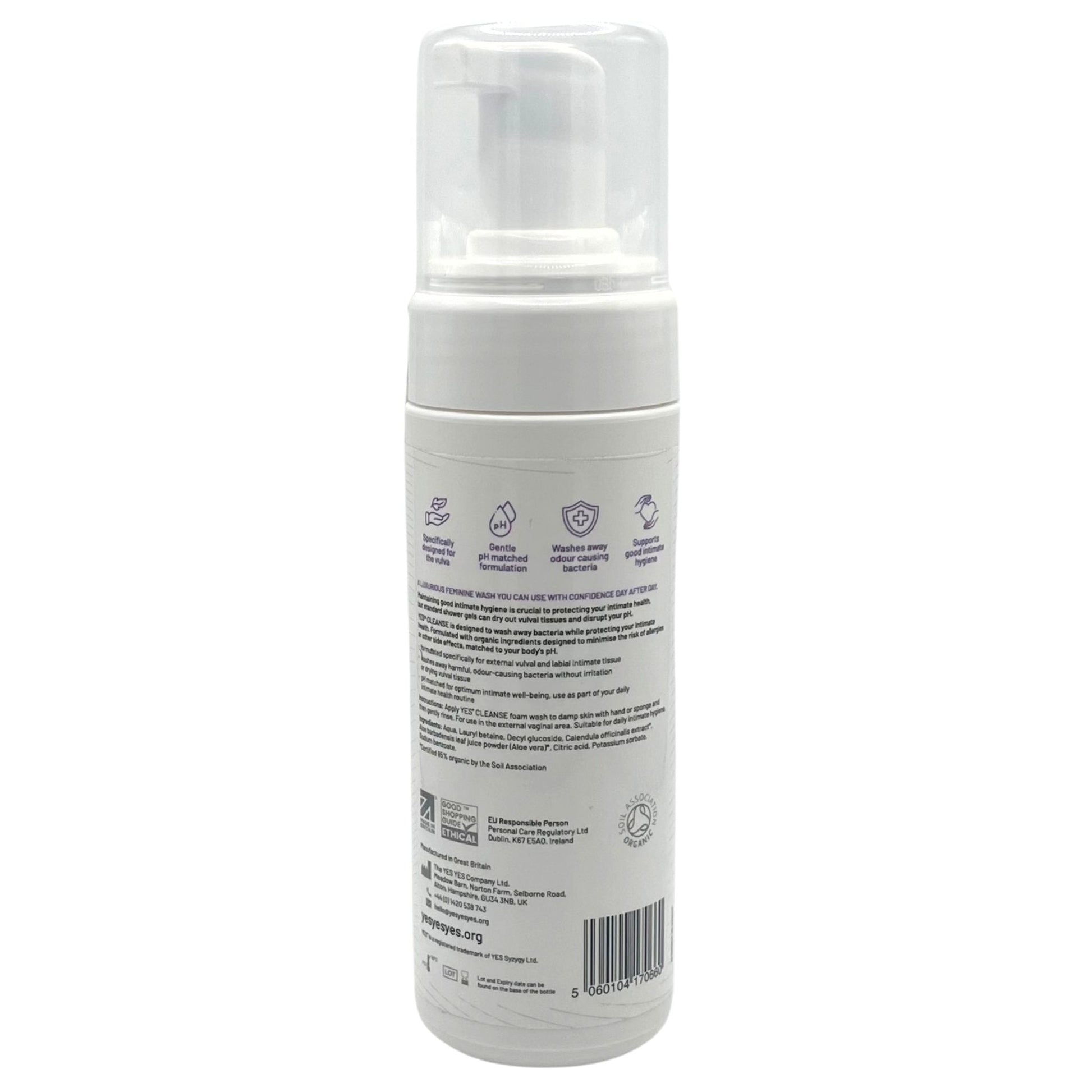 A white bottle of YES Organic Intimate Foam Wash with a clear pump dispenser.