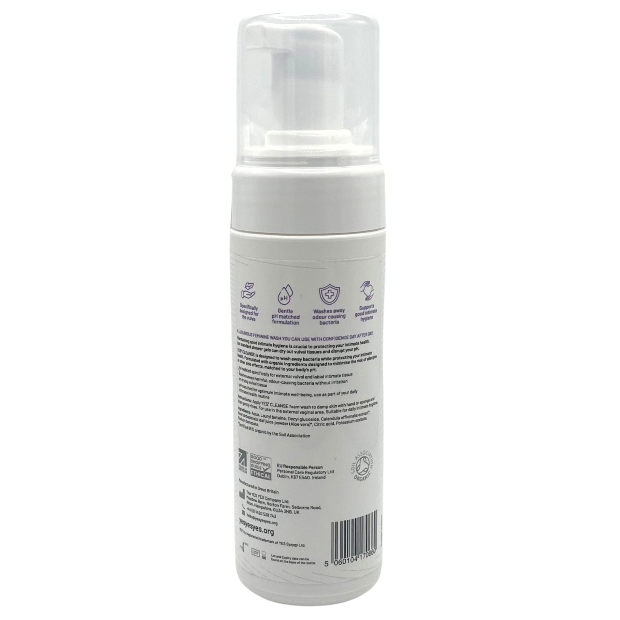 A white bottle of YES Organic Intimate Foam Wash with a clear pump dispenser.