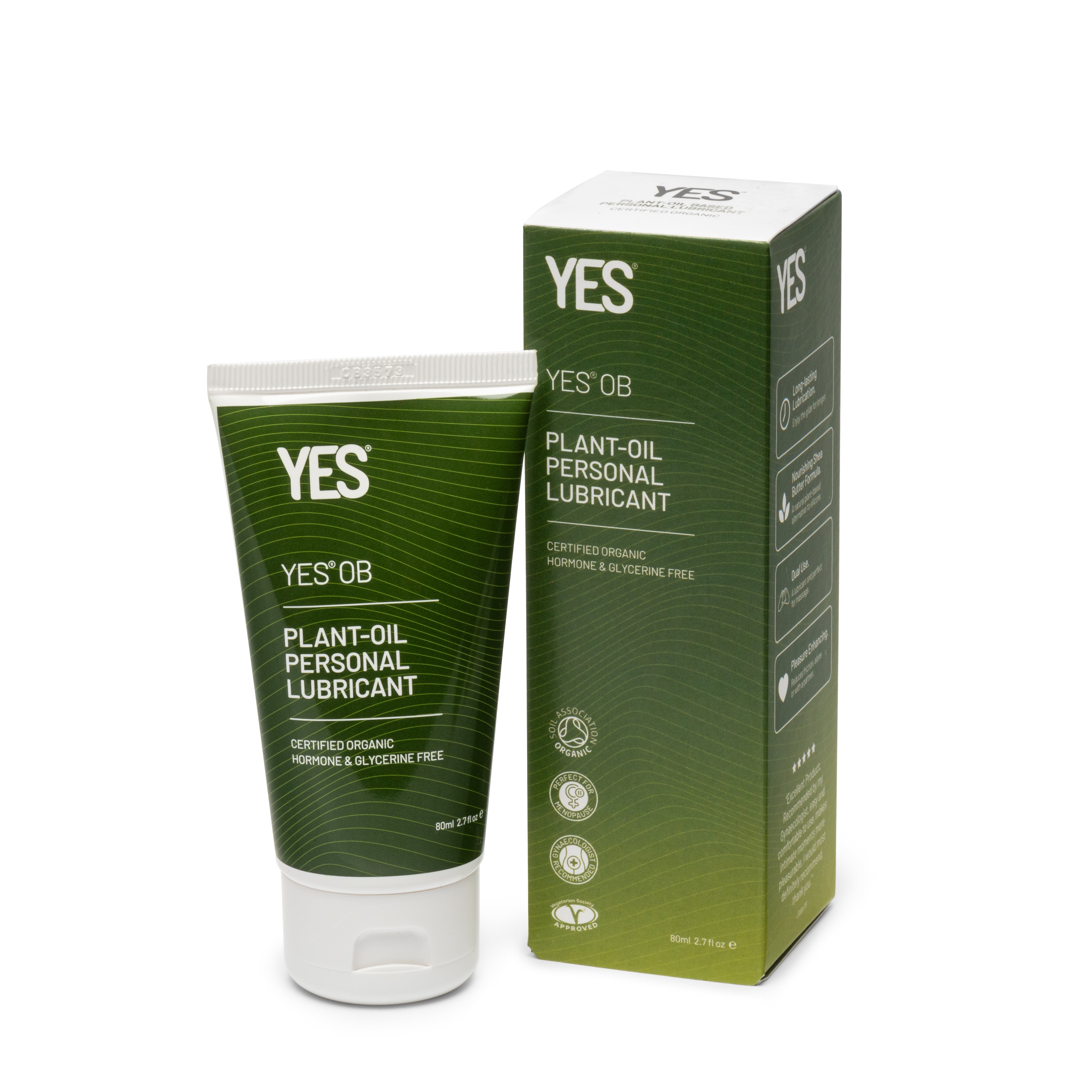 YES OB 80ml plant-oil based organic personal lubricant in a green tube and box.