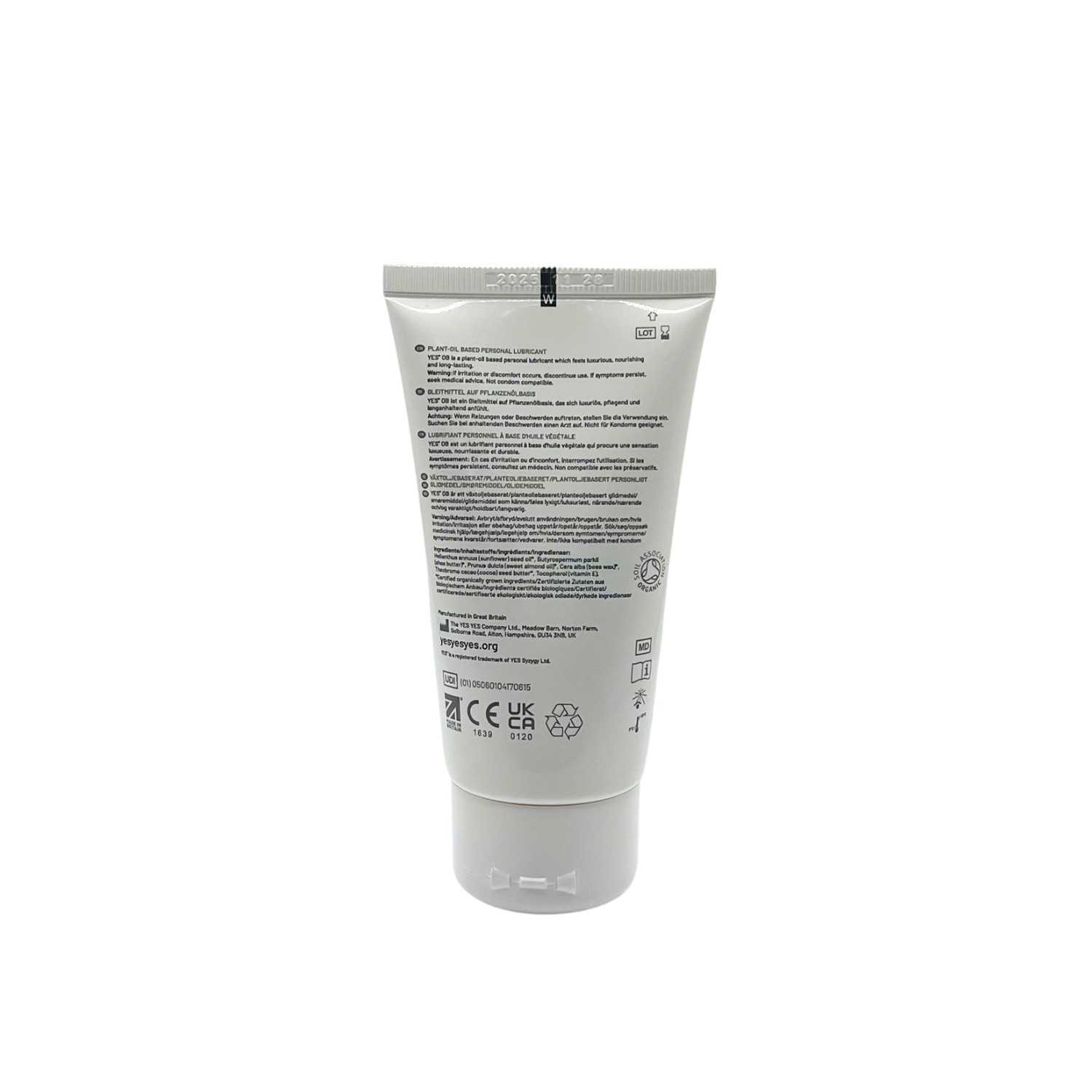 Tube of YES OB plant-based personal lubricant with usage instructions.