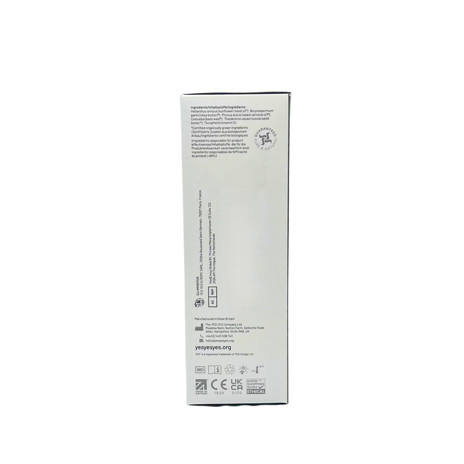 Oil-based organic lubricant with ingredient list and certifications.