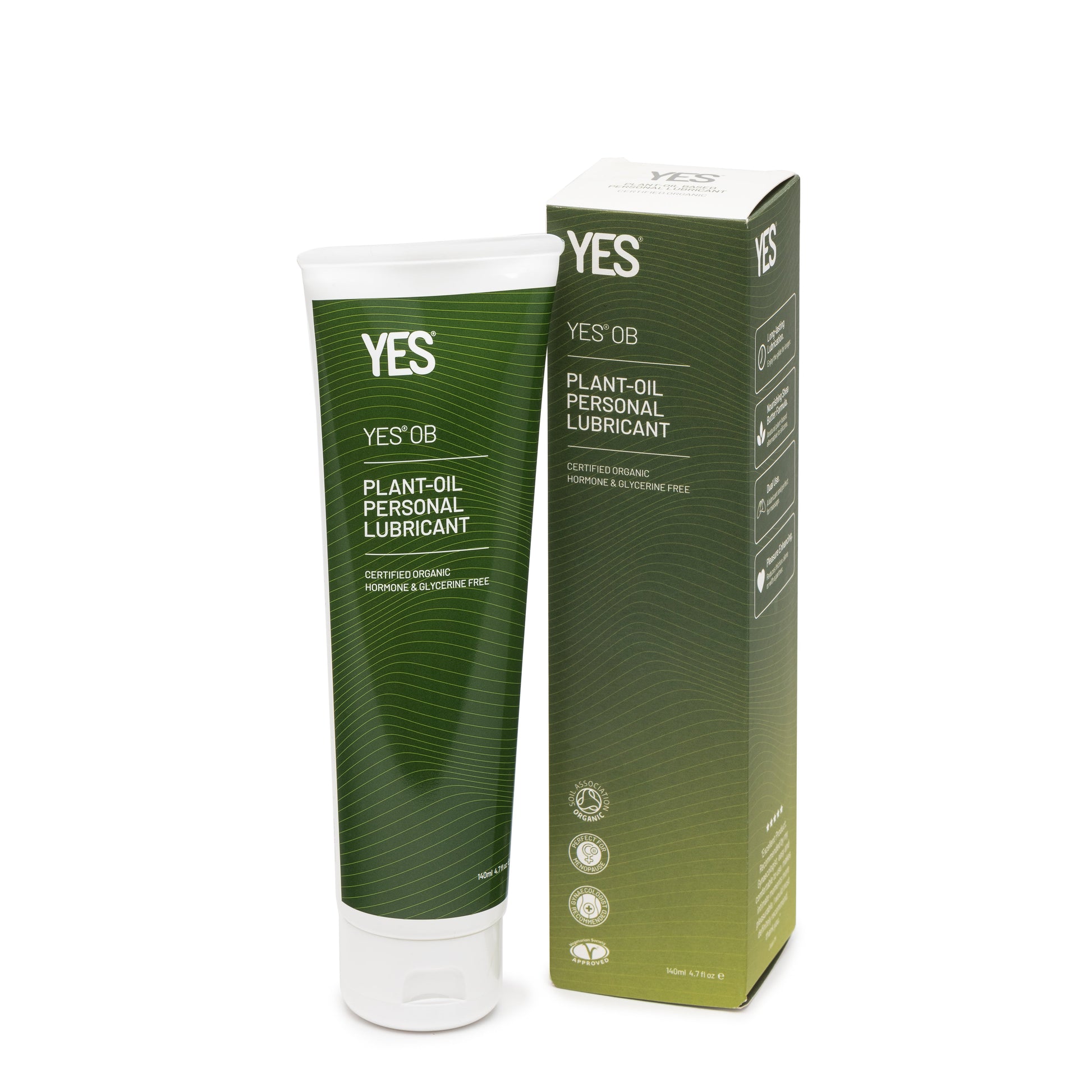 YES OB plant-oil personal lubricant in a green and white tube and box.