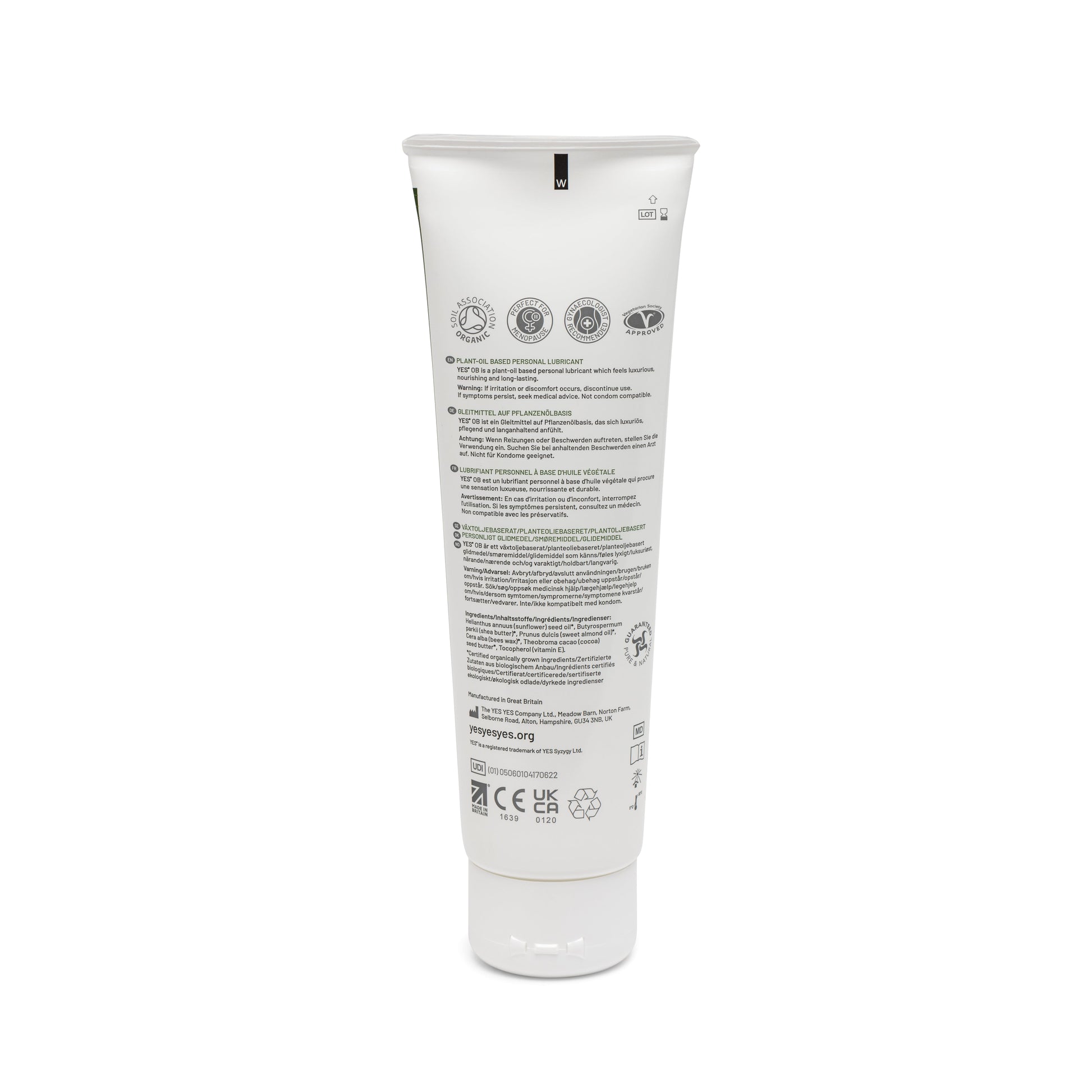 A white tube of YES OB plant-oil based organic lubricant with various certifications.