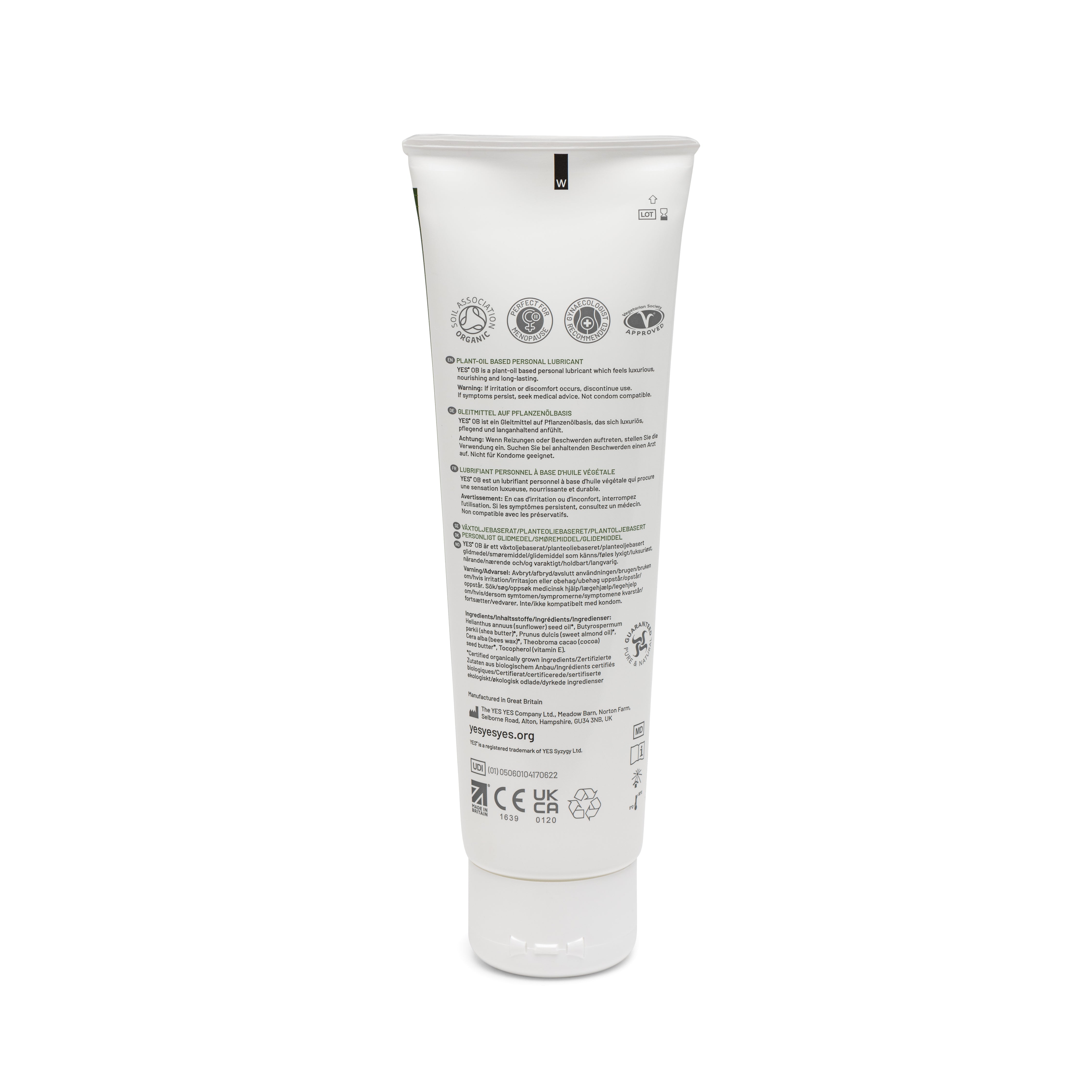 A white tube of YES OB plant-oil based organic lubricant with various certifications.