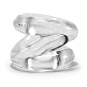 Clear FLEXtpr Z-Balls stretcher and cock ring with a twisted design.