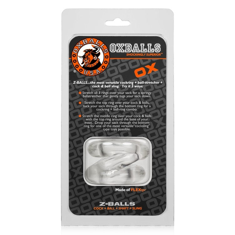 Clear Z-Balls stretcher and cock ring made of FLEXtpr.